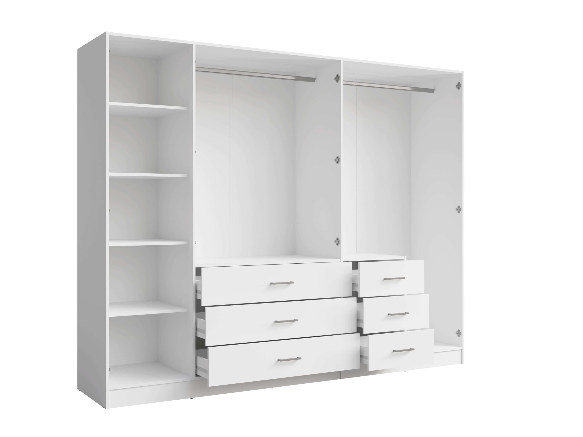 Home affaire Kleiderschrank »KOS Garderobe mit 6 Schubladen, Kleiderstange, 5 Einlegeböden, Spiegel«, Wäscheschrank mit 5 Drehtüren, silber Griffen, Maße B/H/T 250/200/58cm