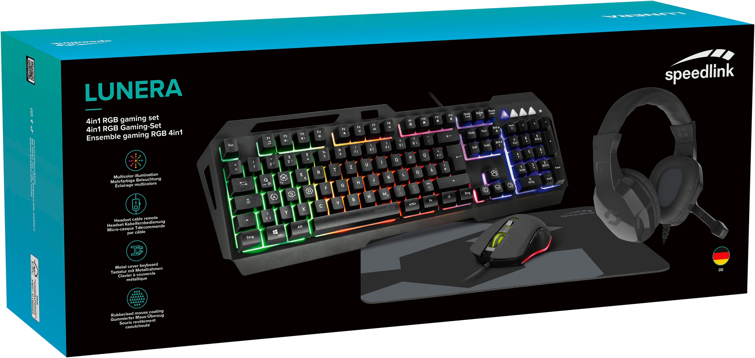 Speedlink Gaming-Tastatur »LUNERA full black 4in1 RGB Gaming Set Tastatur, Headset, Maus, Mauspad«, (Fn-Tasten-Ziffernblock), RGB Beleuchtung, Tastatur mit Metallrahmen, Headset Kabelfernbedienung