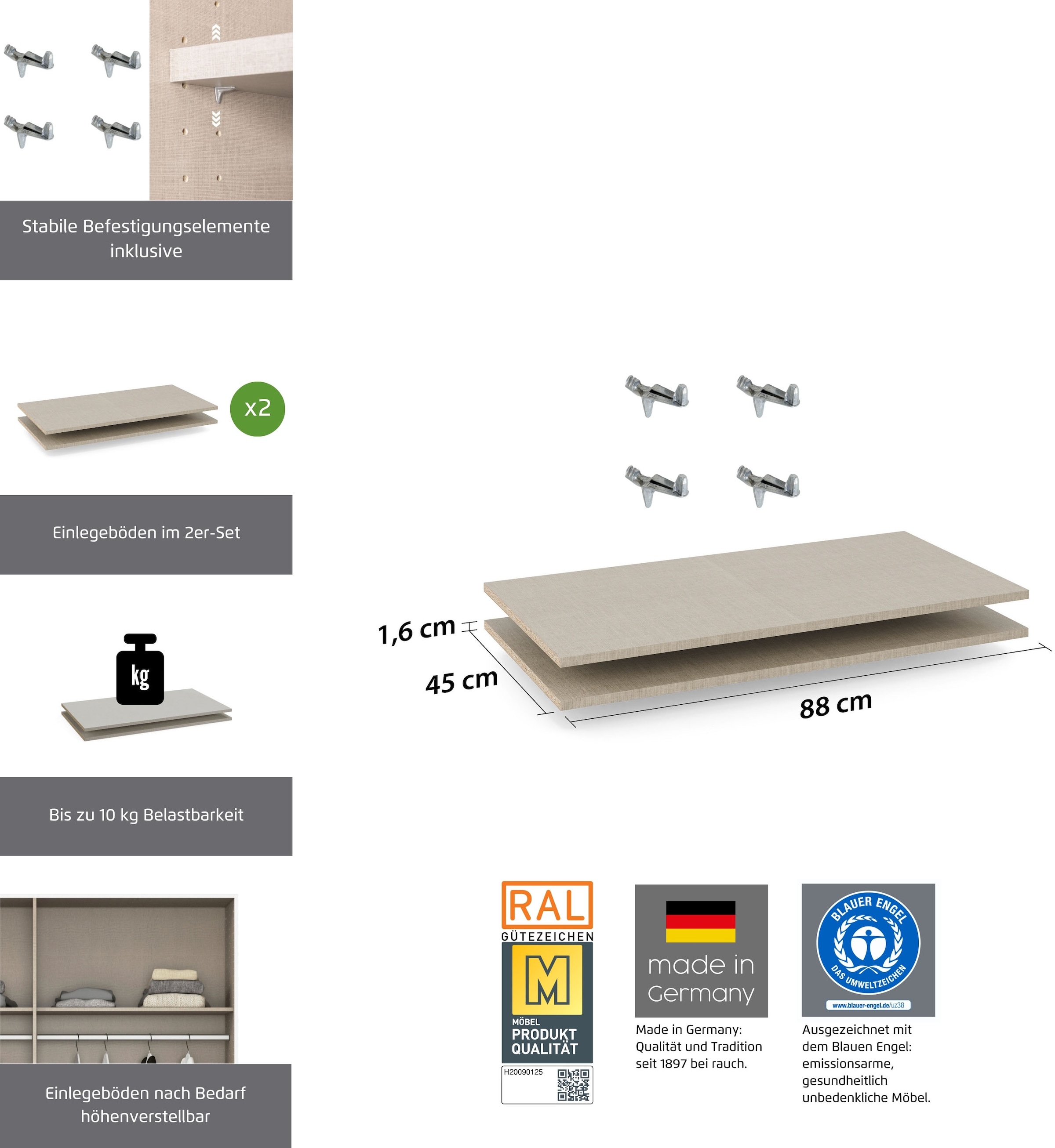 rauch Einlegeboden »Zubehör für Rauch-Drehtürenschränke ORANGE« 2er-Set Breite 88 cm, Tiefe 45 cm