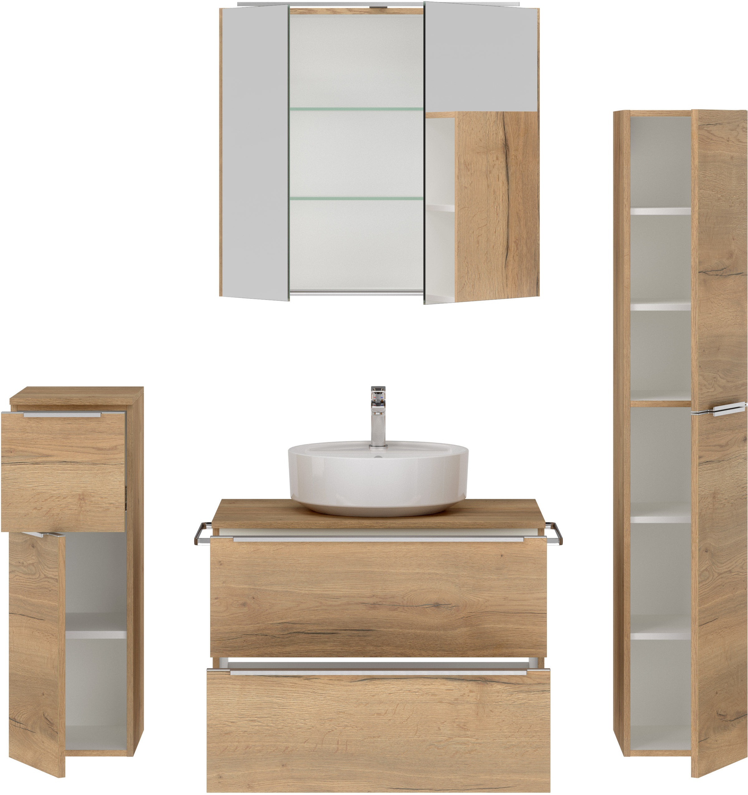 nobilia® Badmöbel-Set »Alvene«, (4 St., vormontiert, mit Soft-Close), inkl. Spiegelschrank mit Beleuchtung und Dimmerfunktion, in 4 Breiten