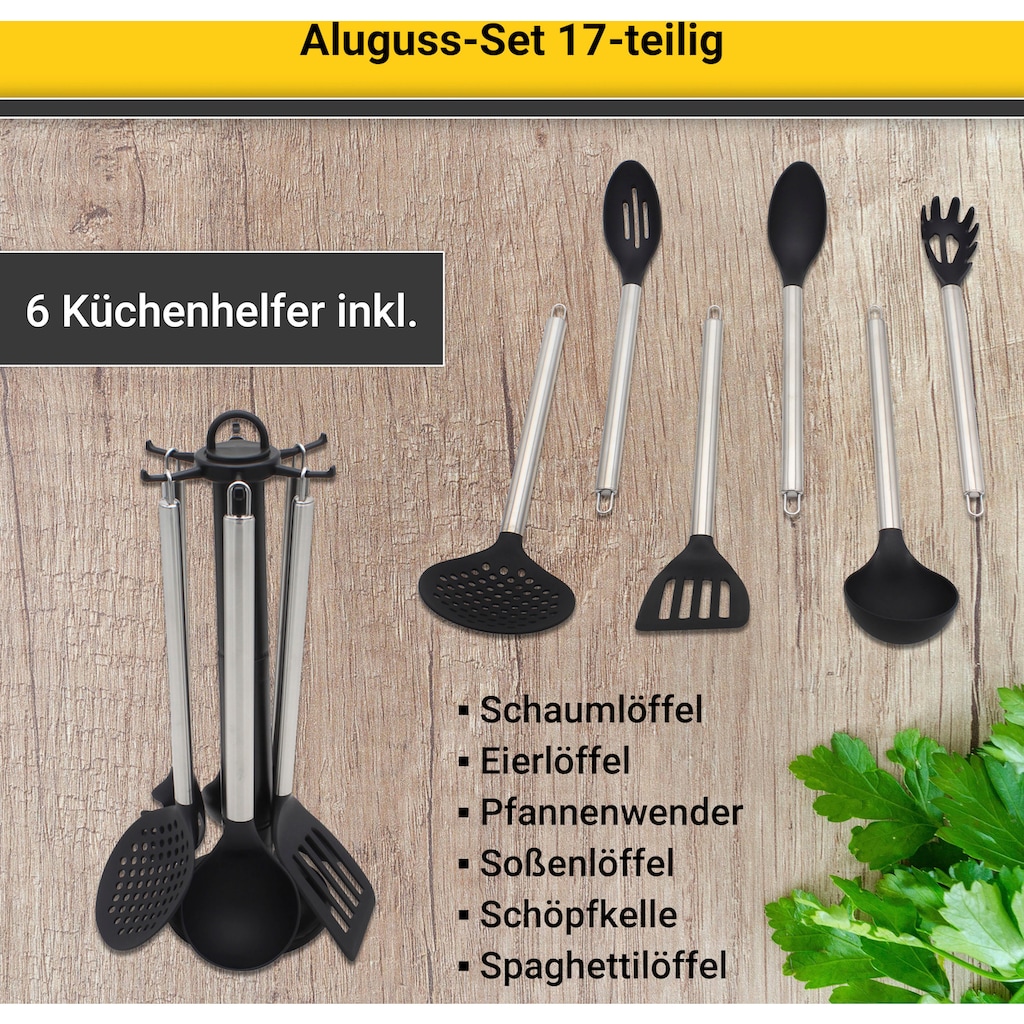 Krüger Topf-Set, Aluminiumguss, (Set, 17 tlg., Fleischtopf 16/18/20/24 cm, Stieltopf 16 cm, Steakpfanne)