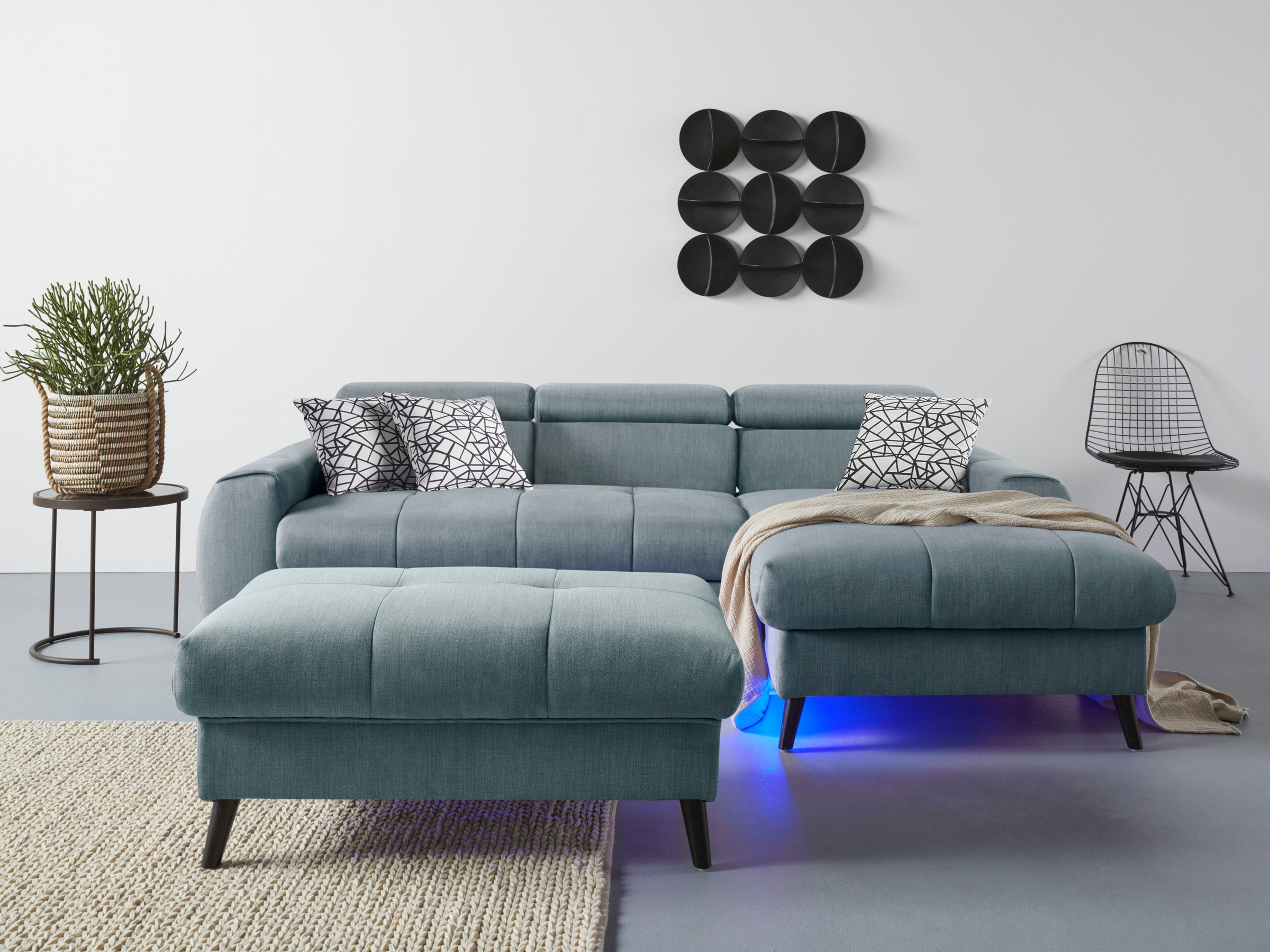 COTTA Ecksofa »Mia L-Form mit 3 Zierkissen«, wahlweise mit Bettfunktion, Bettkasten, Beleuchtung & Wireless-Charger