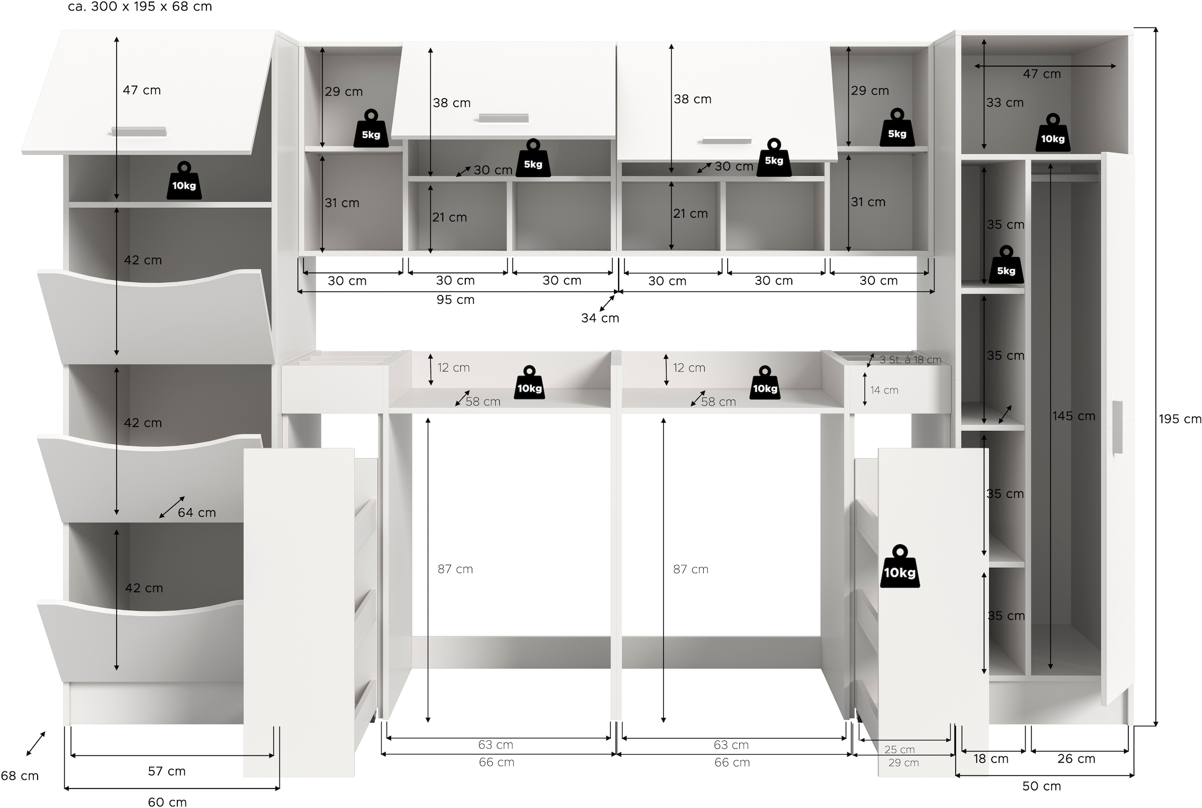 welltime Badmöbel-Set »FALAS, TOPSELLER!, 8-teilig, Hauswirtschaftsraum Set, Breite 300 cm« Set, Wäscheschrank, Hängeschrank,Standregal, Umbauschrank, Mehrzweckschrank, 8 Stk. tlg.