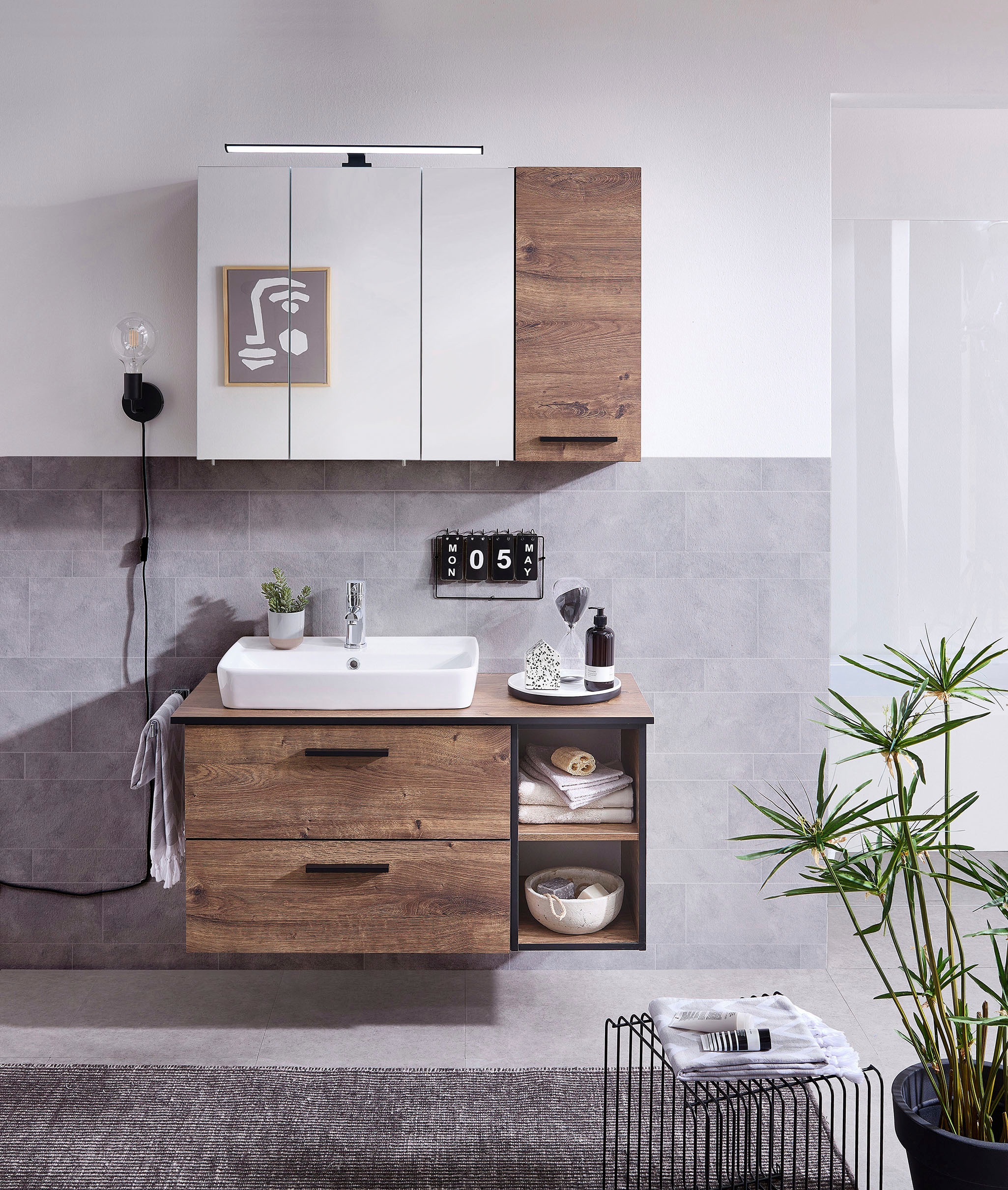 Saphir Badmöbel-Set »Quickset 374 Keramik-Aufsatzwaschtisch mit Unterschrank, 73 cm breit«, (3 St.), Waschplatz mit 2 Schubladen, Eiche Ribbeck quer Nachbildung
