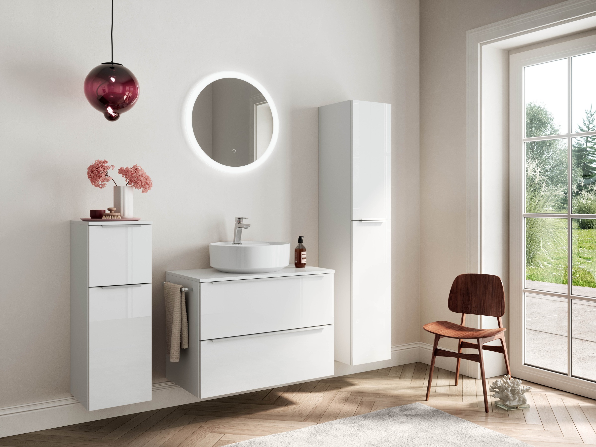 nobilia® Badmöbel-Set »Alvene«, (4 St., vormontiert, mit Soft-Close), Hochglanz, inkl. Spiegel mit Touch-Sensor, in vier Breiten