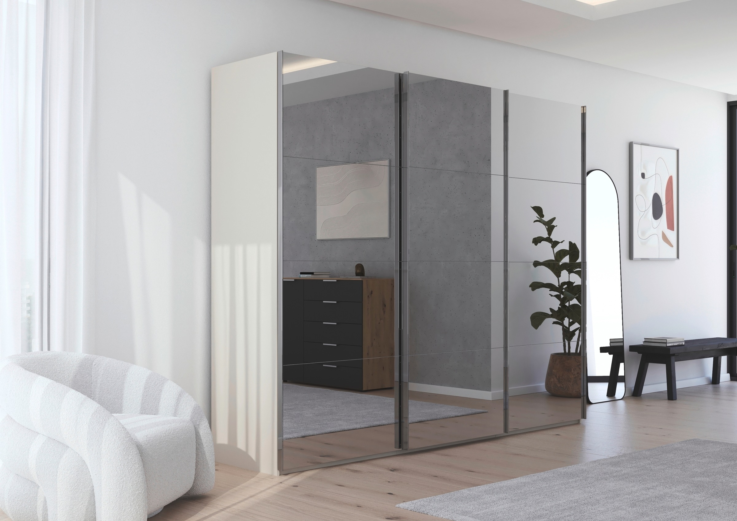 rauch Schwebetürenschrank »Kleiderschrank Schrank Garderobe Schlafzimmerschrank SCALE-FYRA«, edle viergeteilte Türen, Spiegelfront und viele Farben MADE IN GERMANY