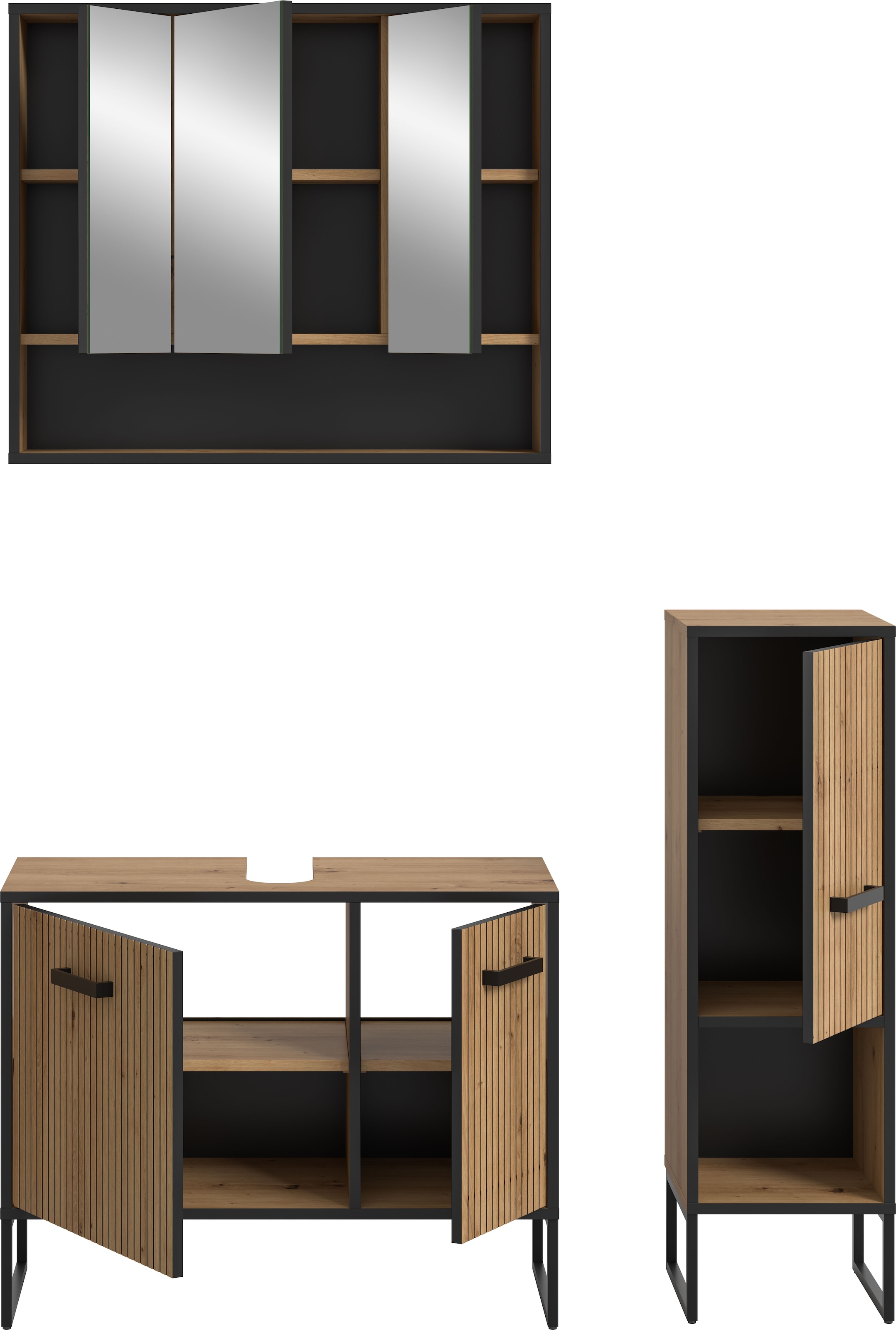 welltime Badmöbel-Set »LOCRI, 3-tlg. Badkombination, Breite 125 cm, Rillenoptik, Metallkufen« bestehend aus: Waschbeckenunterschrank, Spiegelschrank & Standschrank, 3 Stk. tlg.