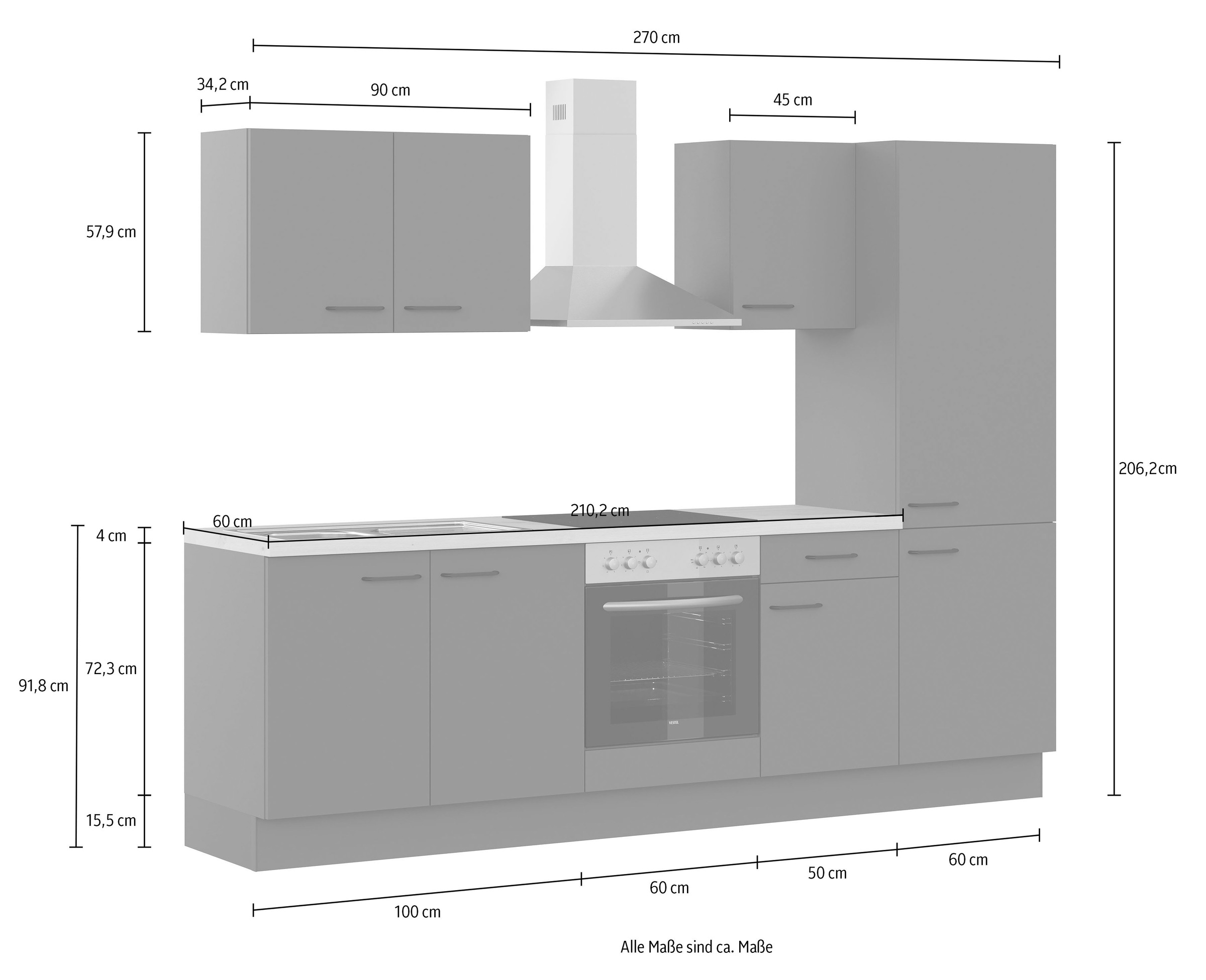 IMPULS KÜCHEN Küchenzeile »"Tirana", Ausrichtung wählbar, Schubkästen mit Soft-Close«, vormontiert, wahlweise mit E-Geräten, mit Vollauszug, Breite 270 cm