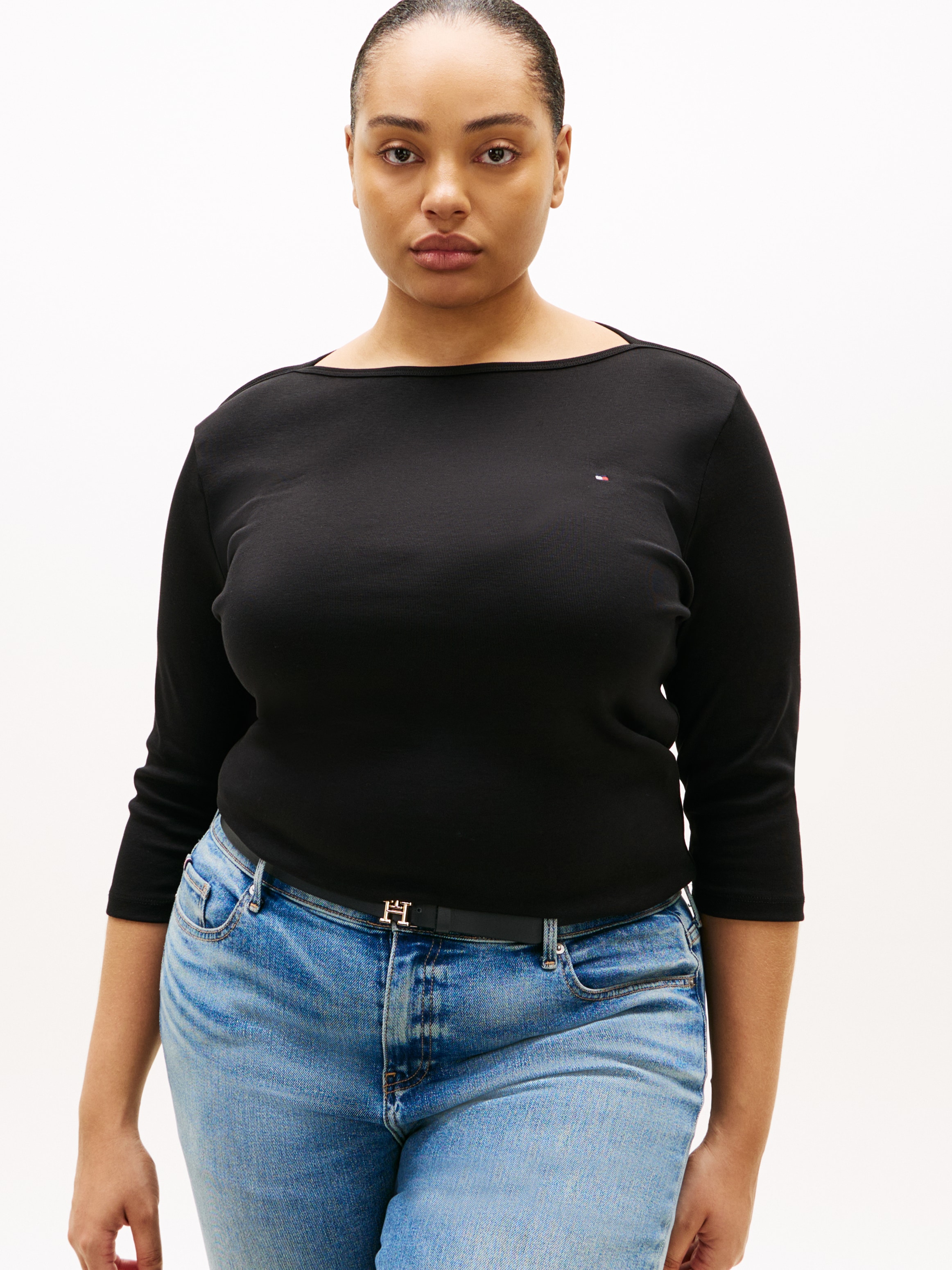 Tommy Hilfiger Curve T-Shirt »CRV SLIM CODY BOAT-NK 3/4SLV« in Großen Größen, 3/4 Ärmel, Logostickerei