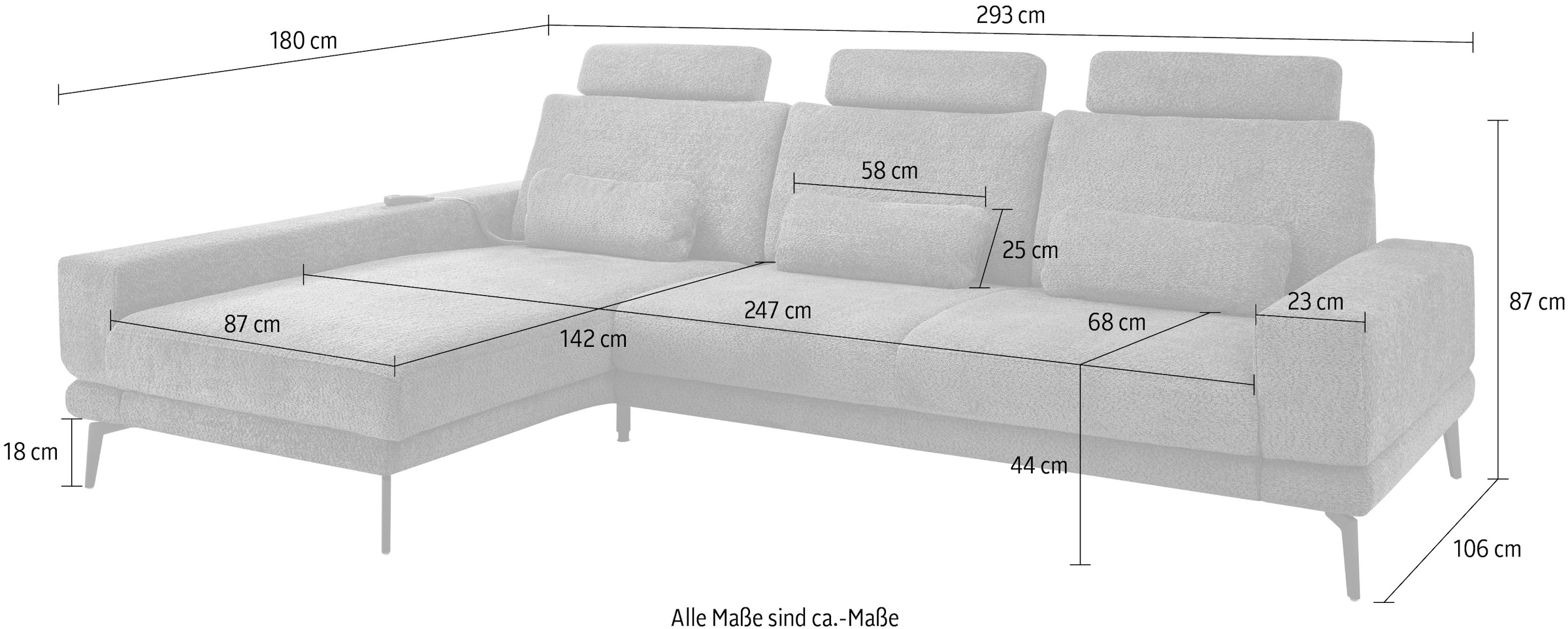 set one by Musterring Ecksofa »SO 3600, inkl motor. Sitztiefenverstellung, Kopfstützen, Nierenkissen«, Sitzhöhe 44 cm, Kaltschaum, Breite 293 x Tiefe 180 cm, Kama anthrazit