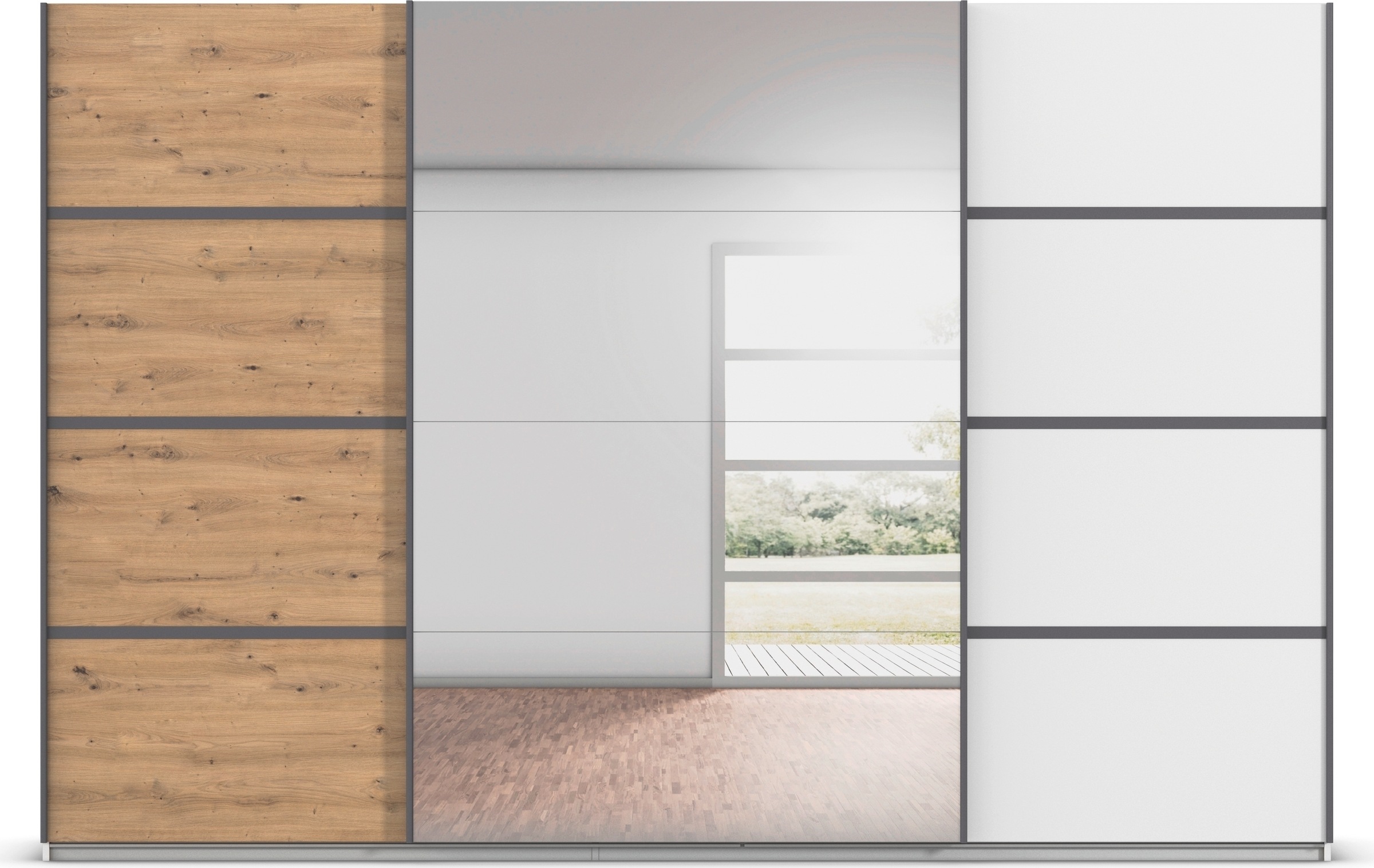 rauch Kleiderschrank »Schwebetürenschrank OTTO´s Choice Garderobe Schrank TOP ANGEBOT Avola«, (in 3 verschiedenen Ausstattungen BASIC/CLASSIC/PREMIUM inkl. Spiegel), mit eleganten Zierleisten in Chrom, Schwarz oder Weiß MADE IN GERMANY