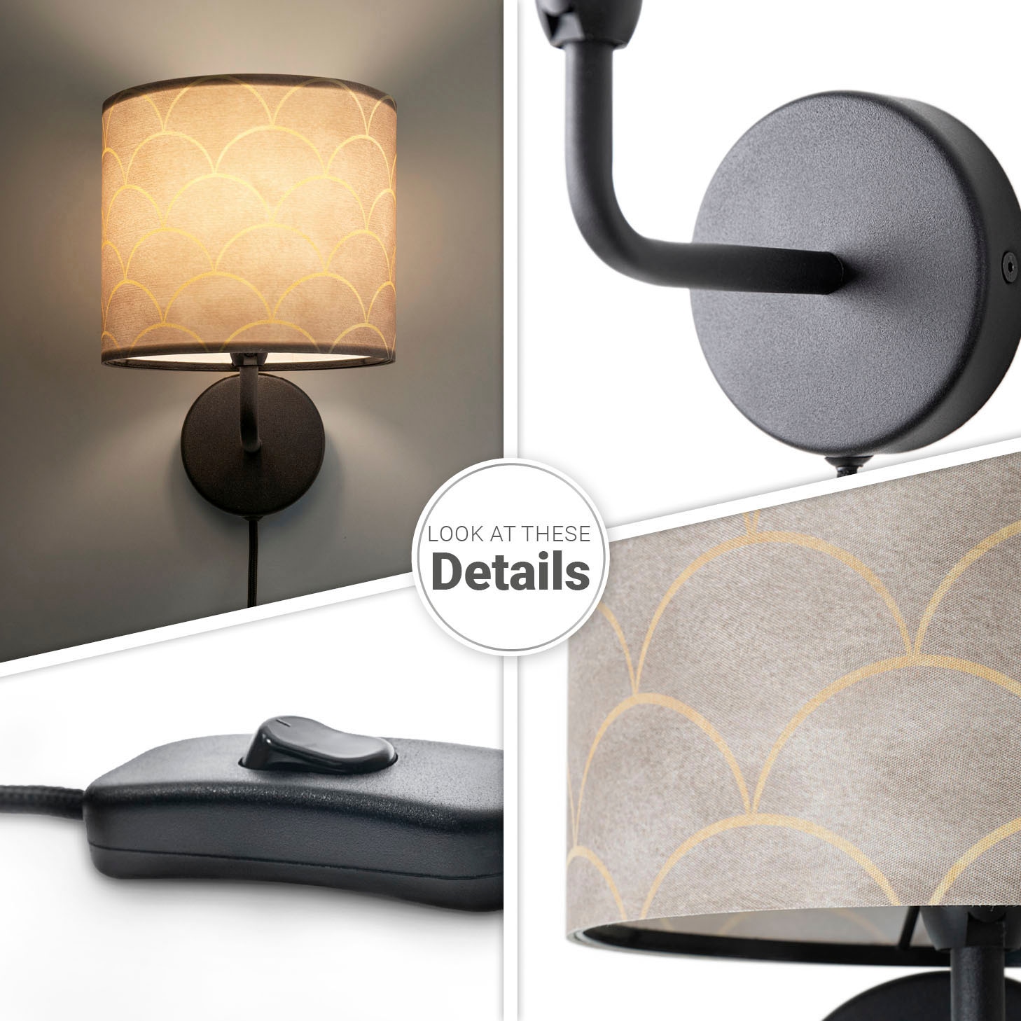 Paco Home Wandleuchte »Luca Pillar«, Leuchtmittel E14 | ohne Leuchtmittel, Mit Stoffschirm Wandleuchte Innen Wohnzimmer Modern Retro Vintage
