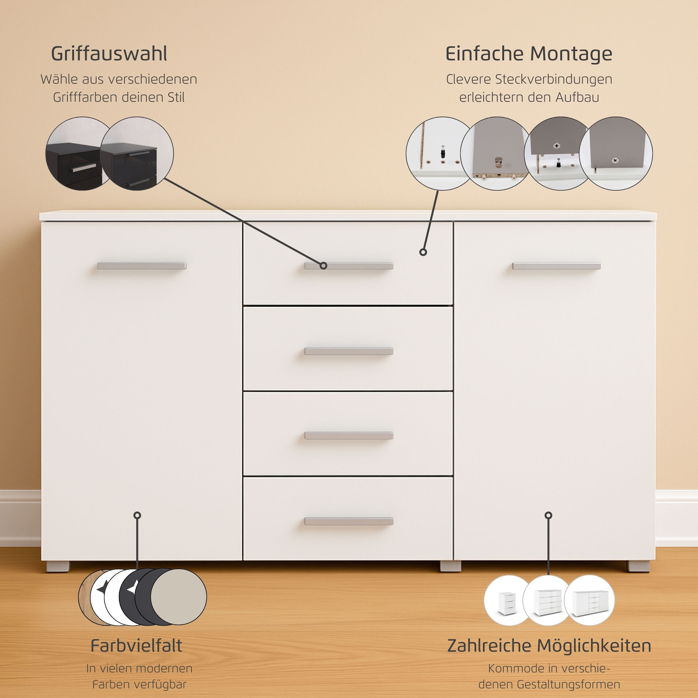 rauch Schubkastenkommode »Sideboard Kommode Kombikommode KOLUNA mit Glasfront«, (Breite 120 cm inkl. Soft-Close-Funktion), vier große Schubladen, mit insgesamt 4 Einlegeböden MADE IN GERMANY