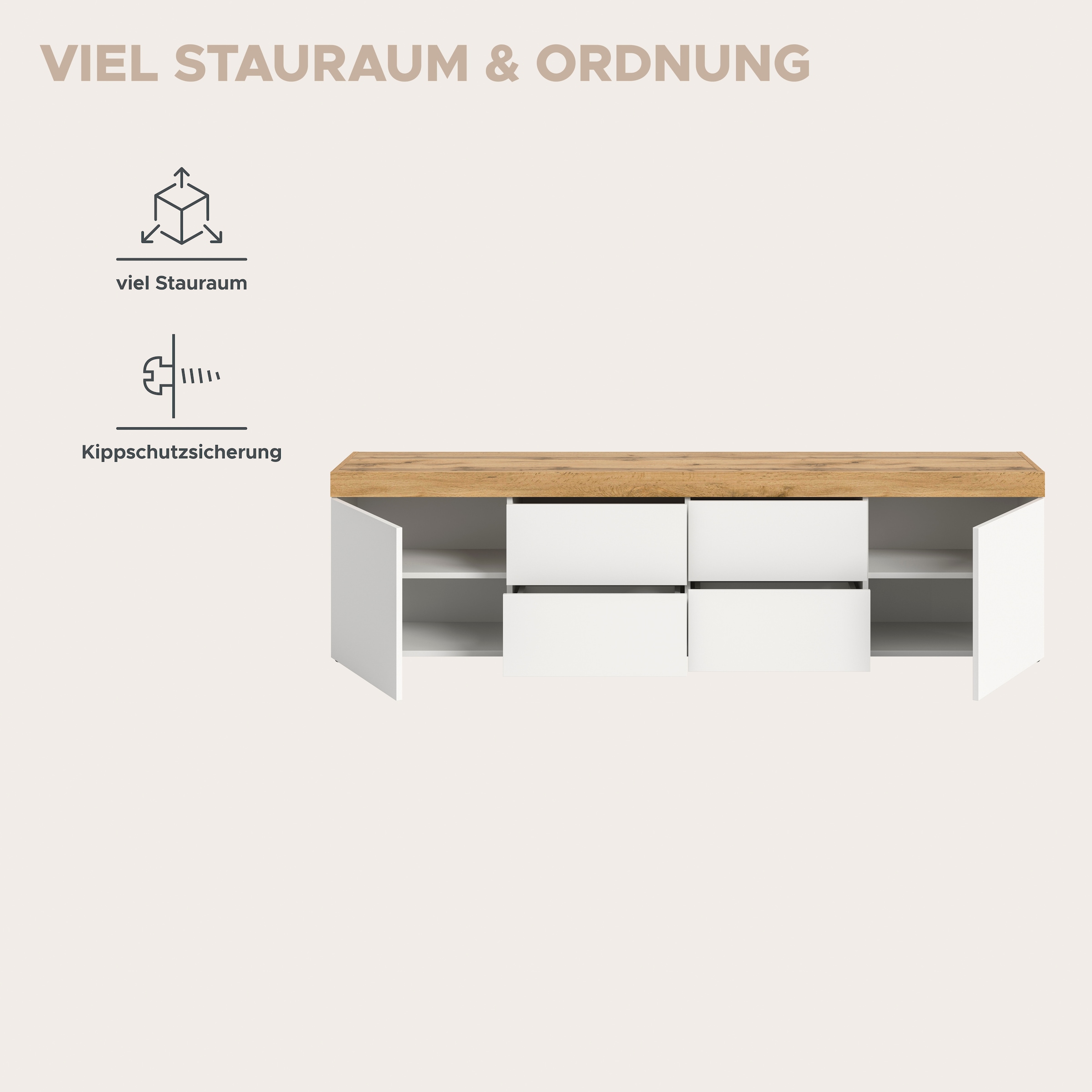 OTTO home Lowboard »MAMBO, Breite 200 cm, Höhe 54 cm« 1 Stk. tlg. Lowboard, TV Unterschrank, Tv-Schrank, Wohnzimmer