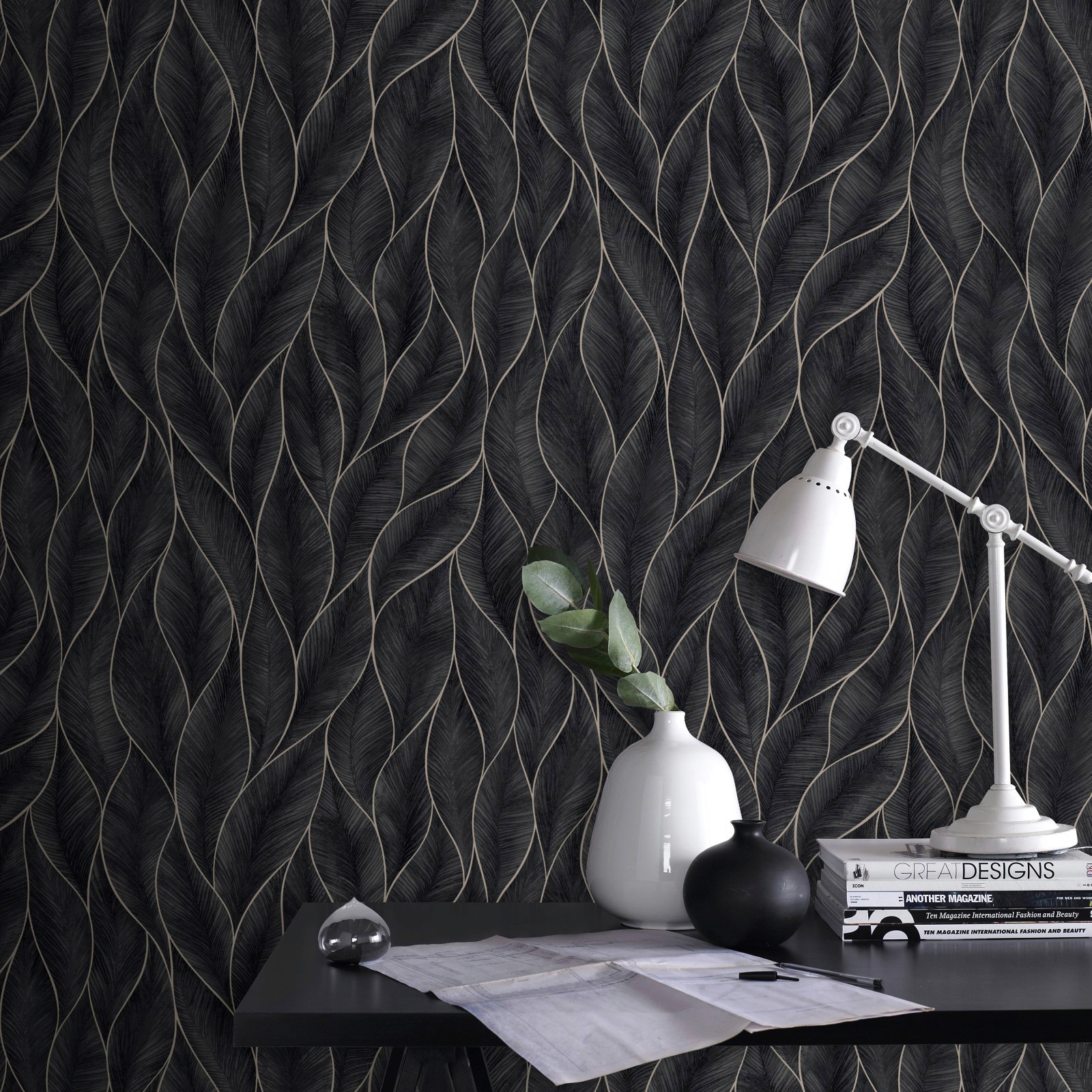 WOW Vliestapete »Subtil Blätter Silber/Blau« botanisch geprägt FSC® zertifiziert, mit lebhaftem Druck, 10 Meter Länge