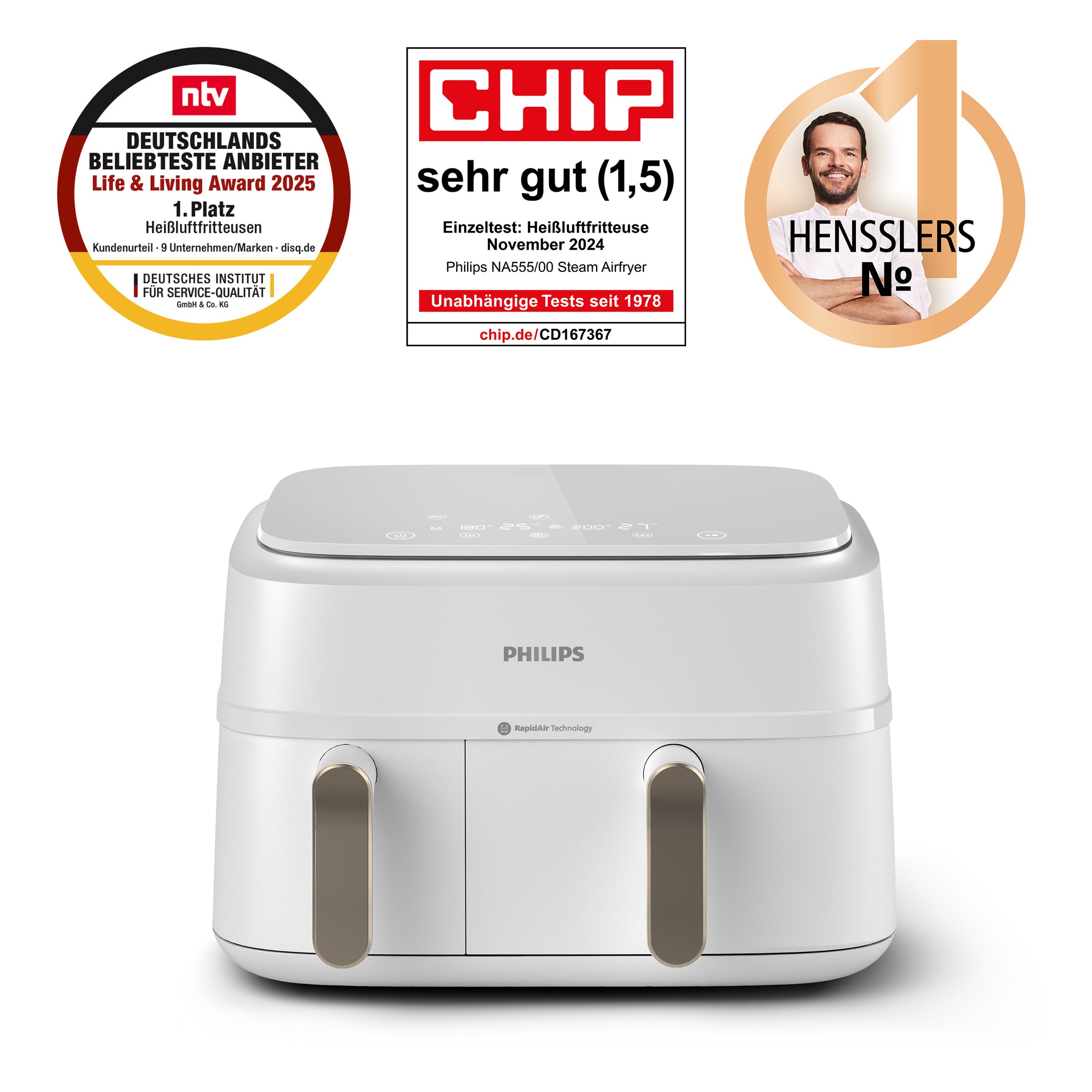 Philips Heißluftfritteuse »Airfryer 3000 Dual Basket NA353/10, zwei Körbe mit 9L (3L+6L)«, 2750 W, RapidAir Technologie und 12 Kochfunktionen; Weiß/Champagner