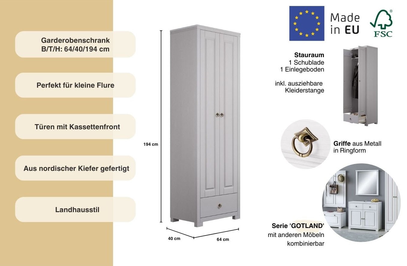 Home affaire Garderobenschrank »Gotland, Drehtürenschrank, Garderobe«, aus massiver Kiefer, FSC®-zertifiziert, Höhe 193 cm
