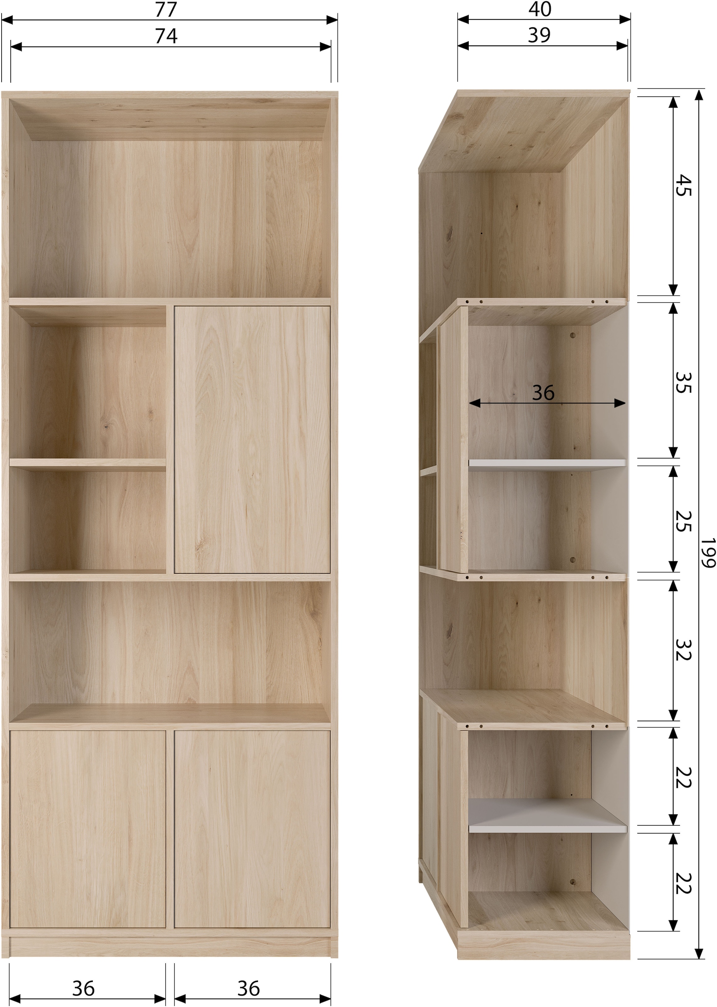 WOOOD Stauraumregal »Modulair mit Push-to-open und FSC® Eichenfurnier B110 x T40 x H199 cm« Vielfältige Fächergrößen, Tragkraft 15 kg pro Einlegeboden