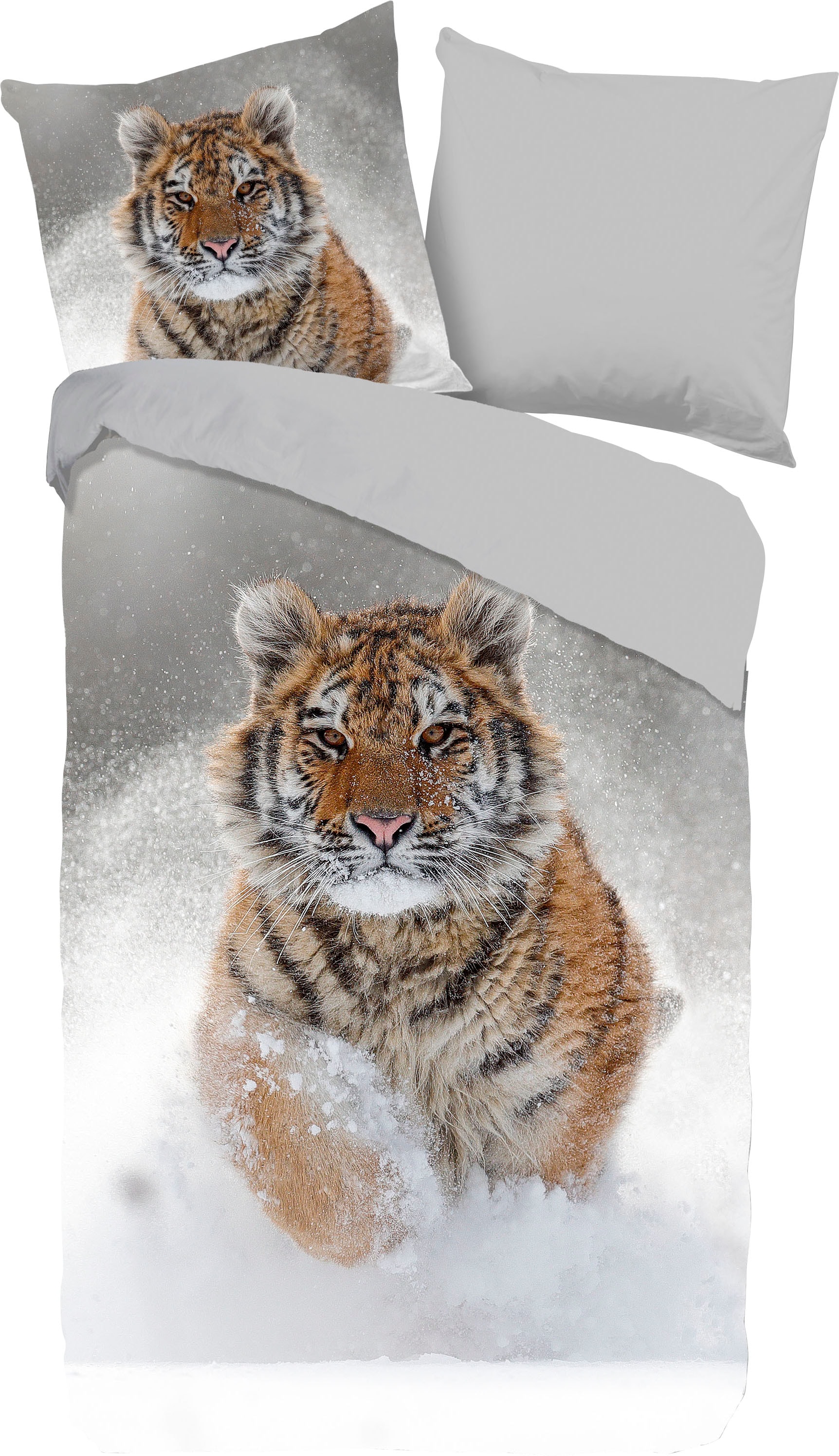good morning Wendebettwäsche »Snow Tiger«, Biber, 135x200, Winter, Warm, Weich, Reißverschluss, Wendeoptik, Tiger