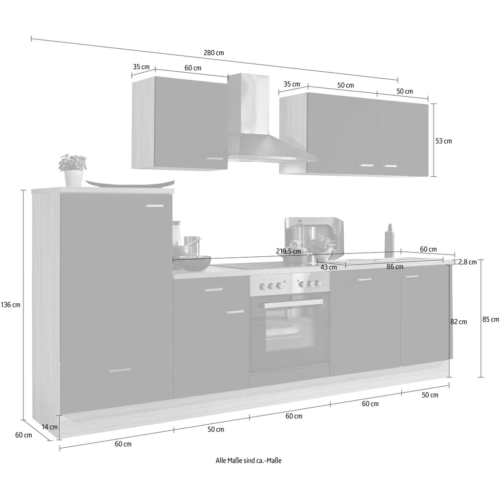 Menke Küchen Küchenzeile »Classic«, Küchenzeile mit E-Geräten, Breite 280 cm
