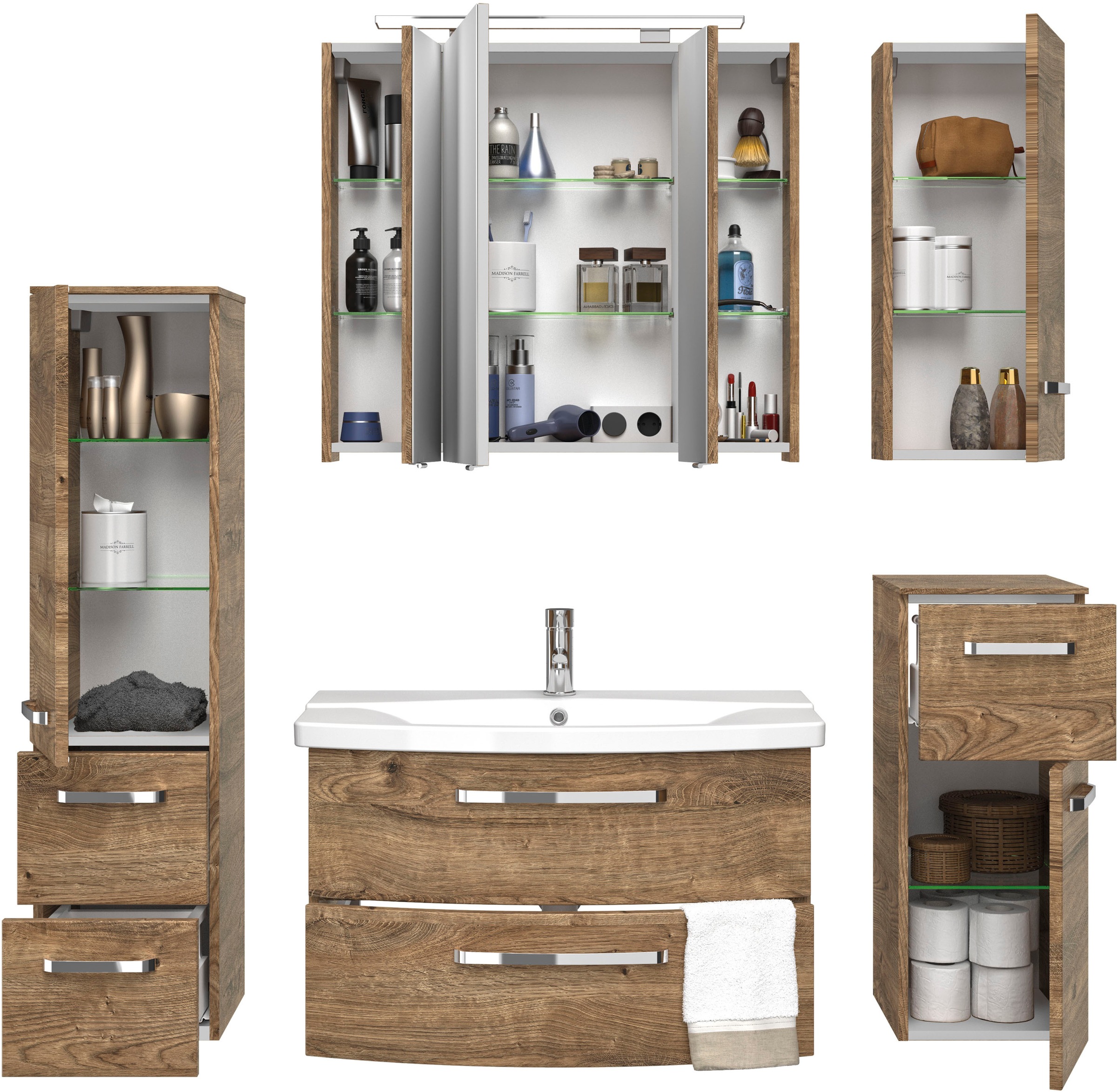 Saphir Badmöbel-Set »Serie 4010 5-teilig Keramik-Waschtisch mit LED-Spiegelschrank«, (Set), Bad Set mit Unterschrank, Hängeschrank, Midischrank, inkl. Türdämpfer