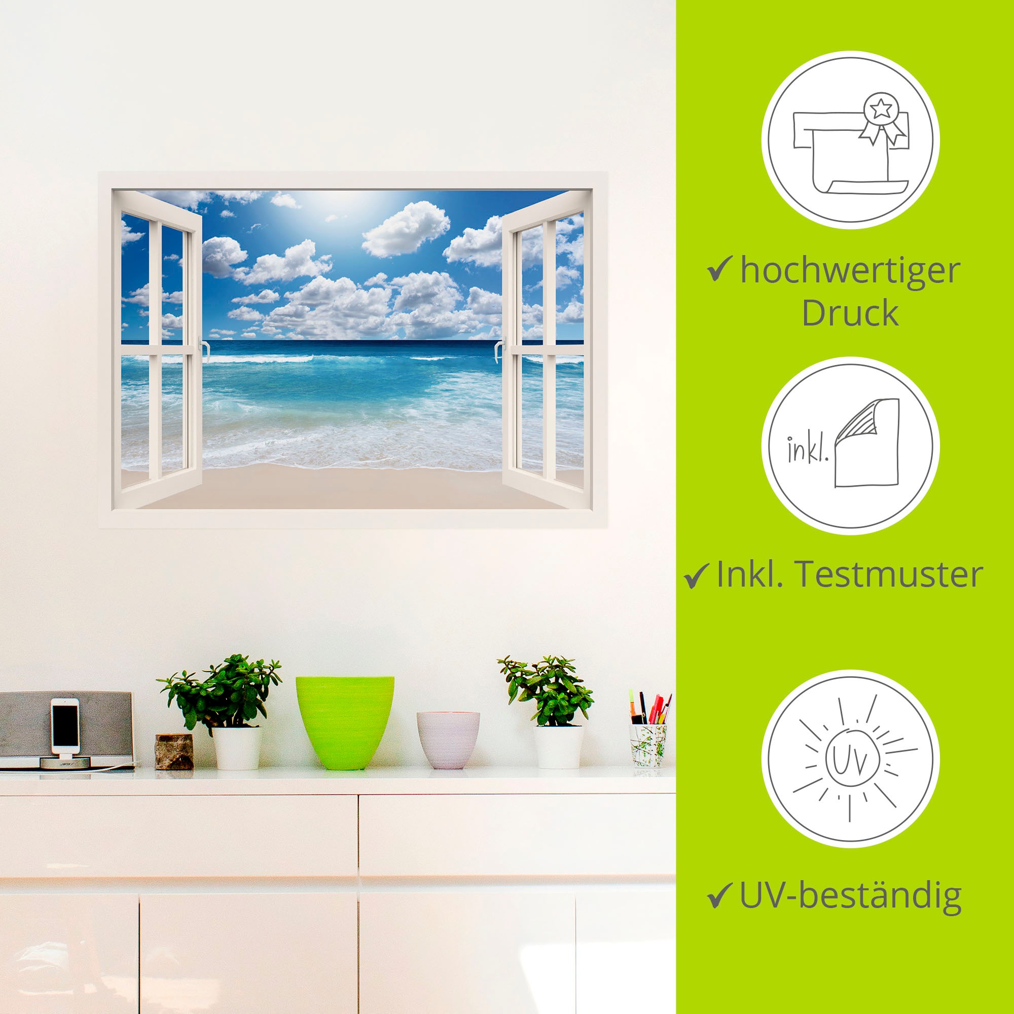 Artland Wandbild »Fensterblick Großartige Strandlandschaft«, Fensterblick, (1 St.), als Leinwandbild, Poster, Wandaufkleber in verschied. Größen