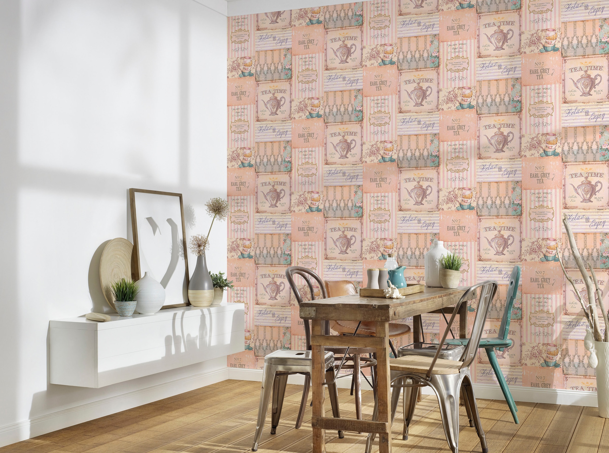 A.S. Création Vliestapete »PintWalls Landhaus Patchwork«, matt-gemustert-neutral, Küchentapete Vintagetapete Tapeten Wohnzimmer Schlafzimmer Küche Optik