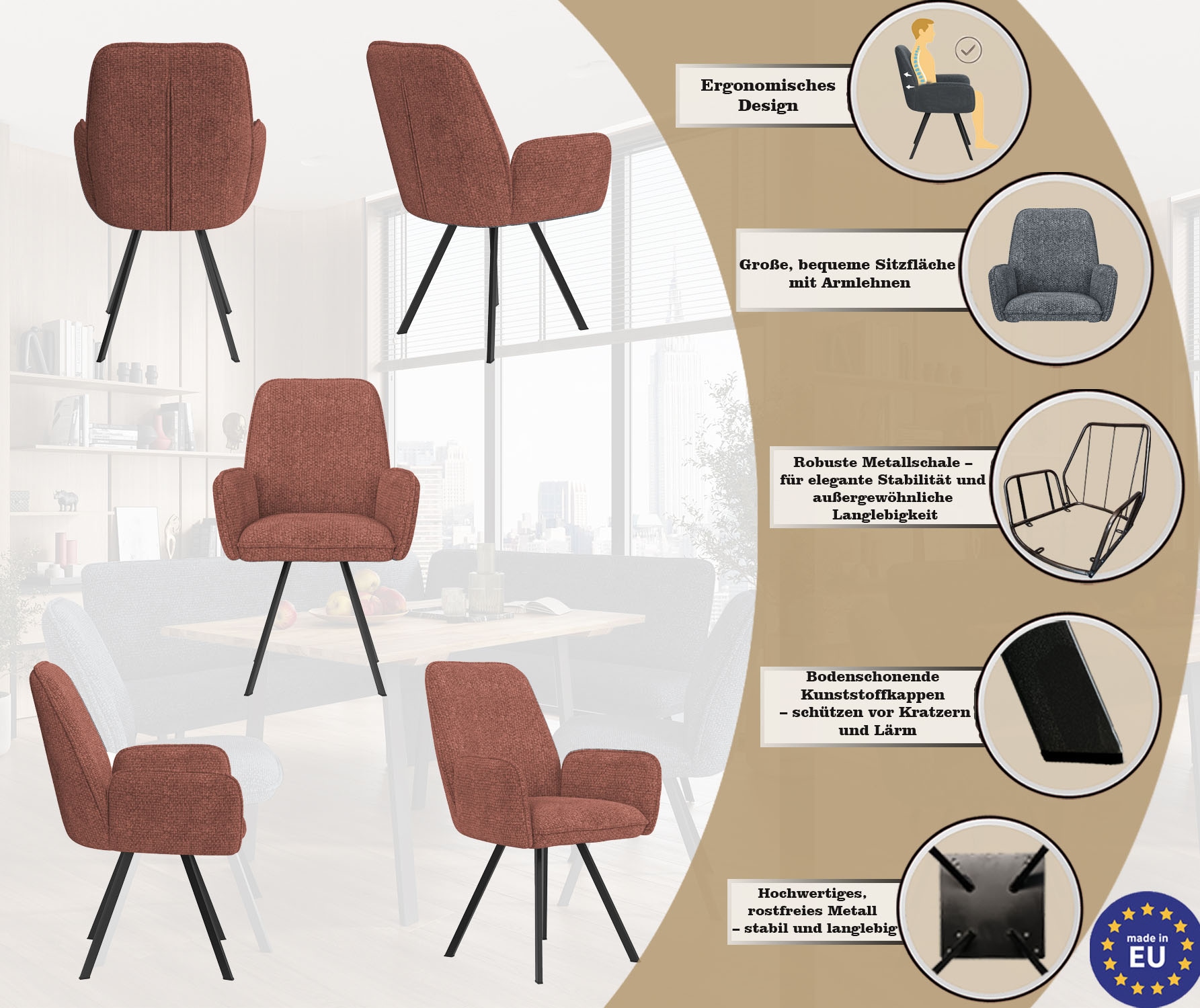 OTTO home Armlehnstuhl »Mily Esszimmerstuhl, Polstersessel, Wohnstuhl, Essstuhl mit Armlehnen« (Set) 2 Stk.mit schwarz pulverbeschichteten Metallbeinen, gepolstert, modern