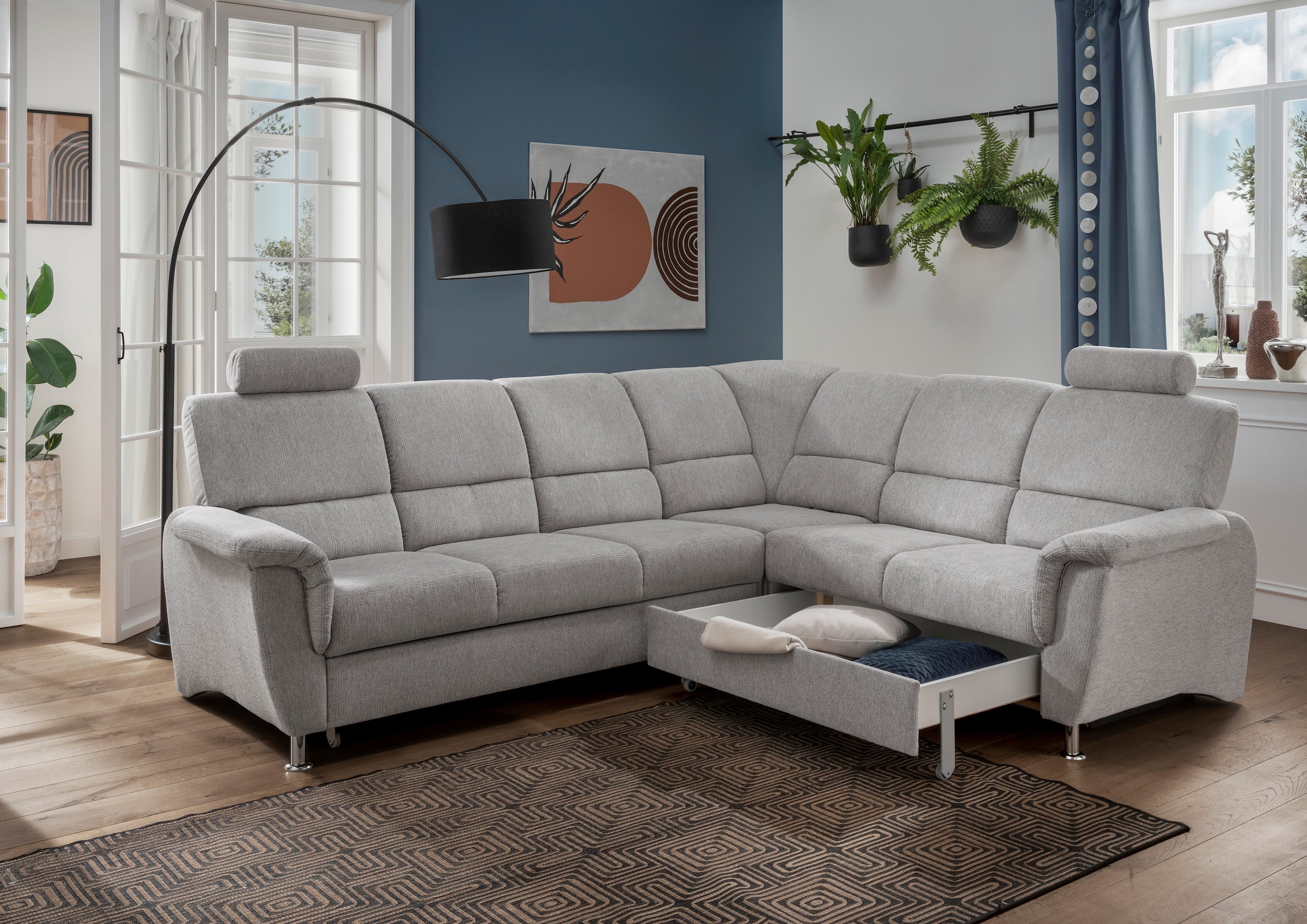 Home affaire Ecksofa »Pisa L-Form, mit Schlaffunktion, Stauraum, 2x höhenverstellbare«, Kopfstützen und Relaxfunktion im Eckelement
