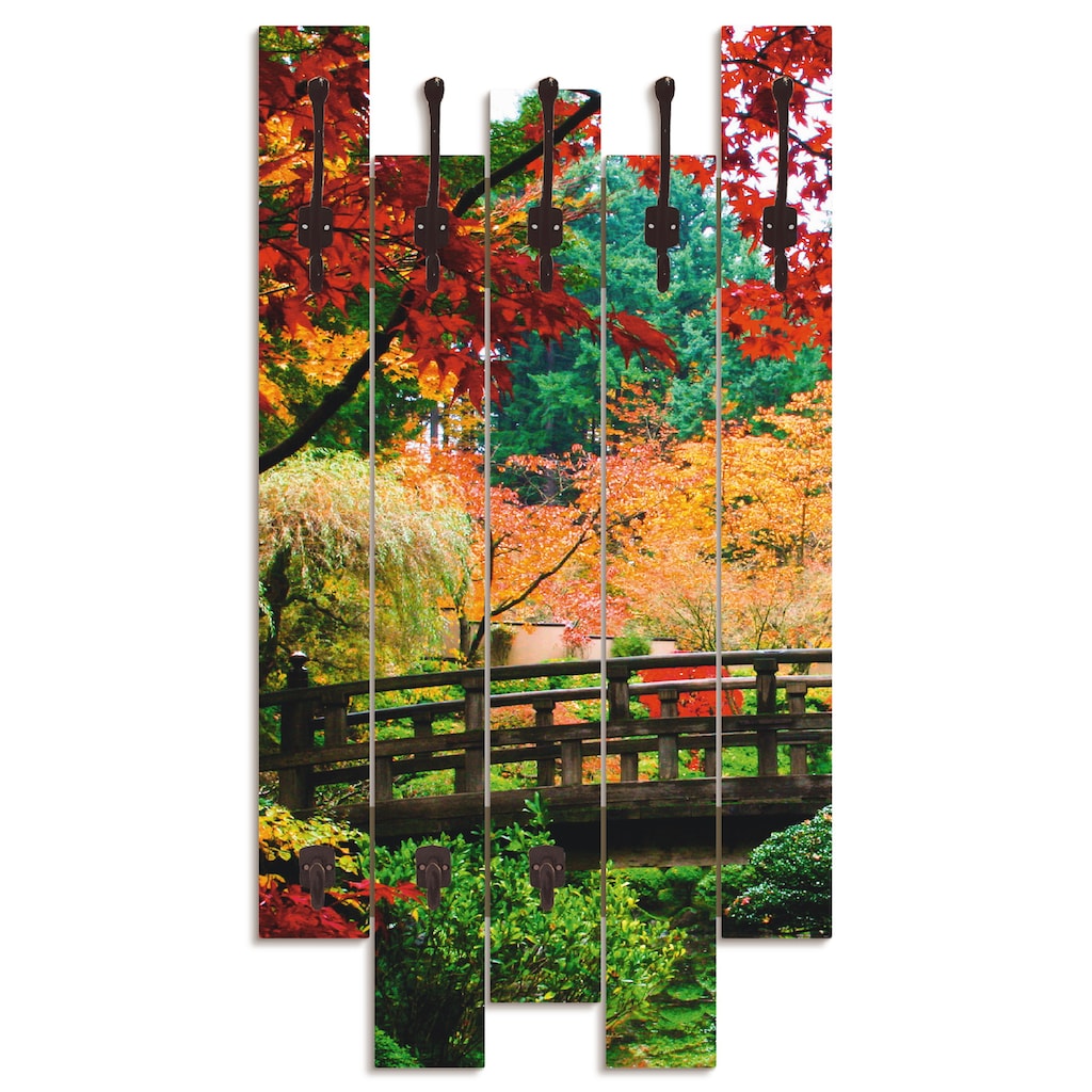 Artland Garderobenpaneel »Eine Brücke im japanischen Garten«, platzsparende Wandgarderobe aus Holz mit 8 Haken, geeignet für kleinen, schmalen Flur, Flurgarderobe