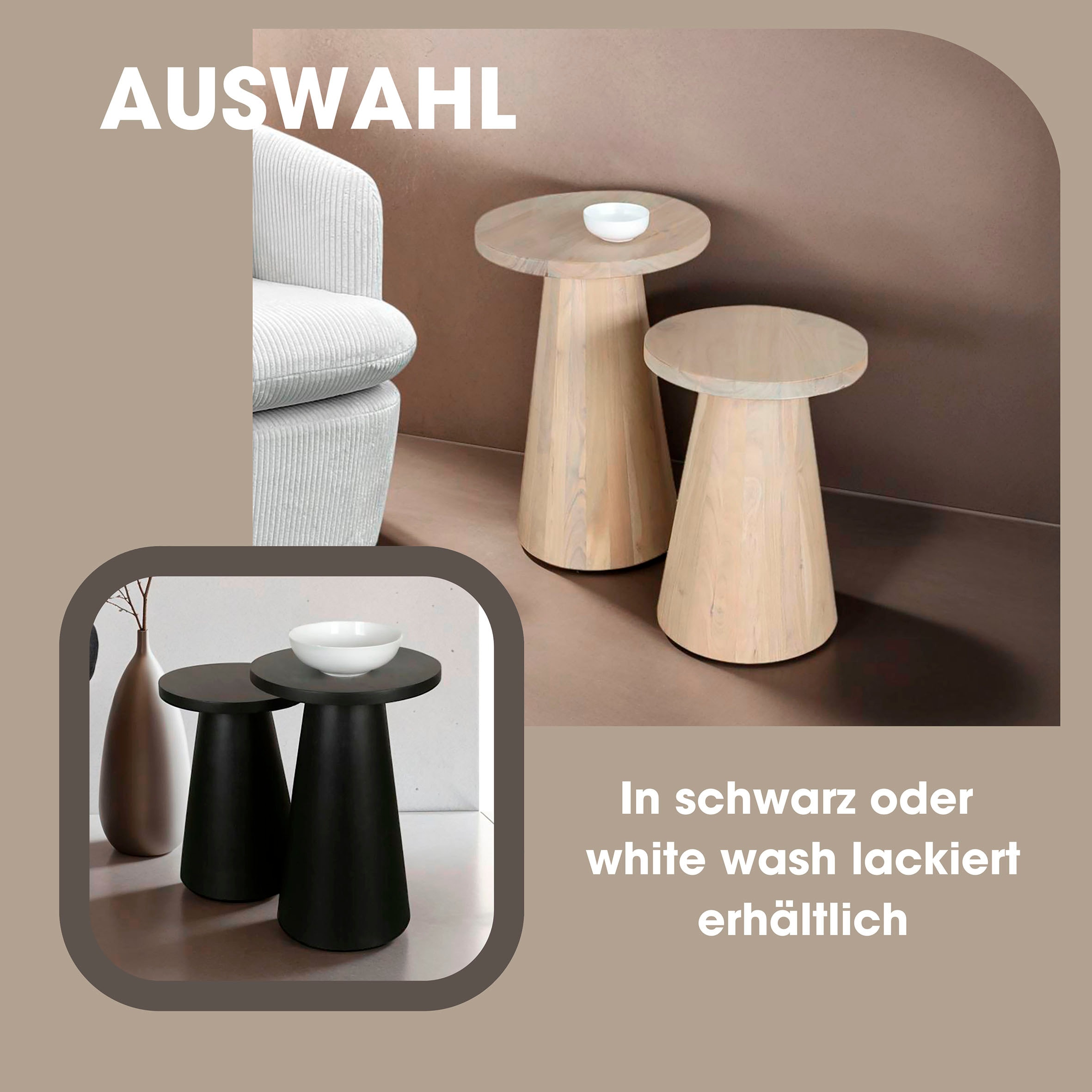 byLIVING Beistelltisch »Cone«, (Set), aus Massivholz in schwarz oder white wash, verschiedenen Größen