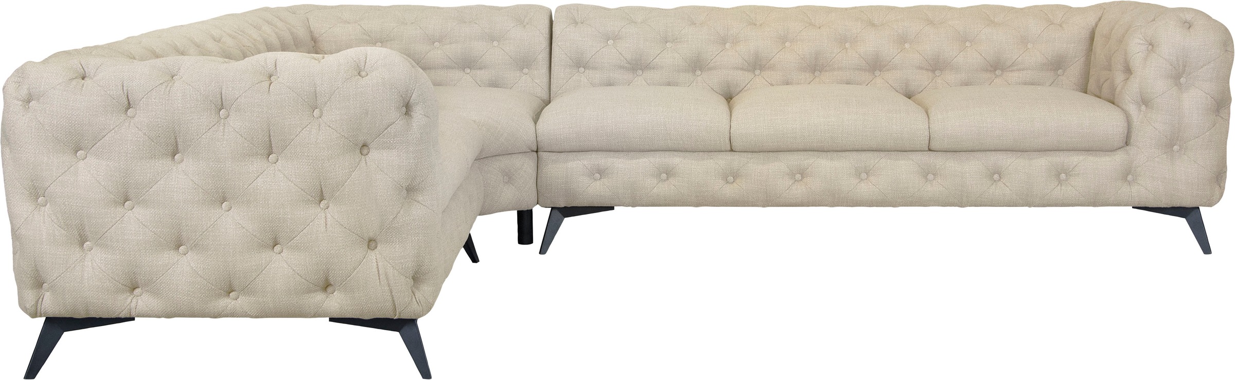 Leonique Chesterfield-Sofa »Ecksofa GLYNIS L-Form mit Wellenunterfederung, Maße B/T/H 323/264/75cm«, aufwändige Knopfheftung, moderne Chesterfield Optik, Fußfarbe wählbar