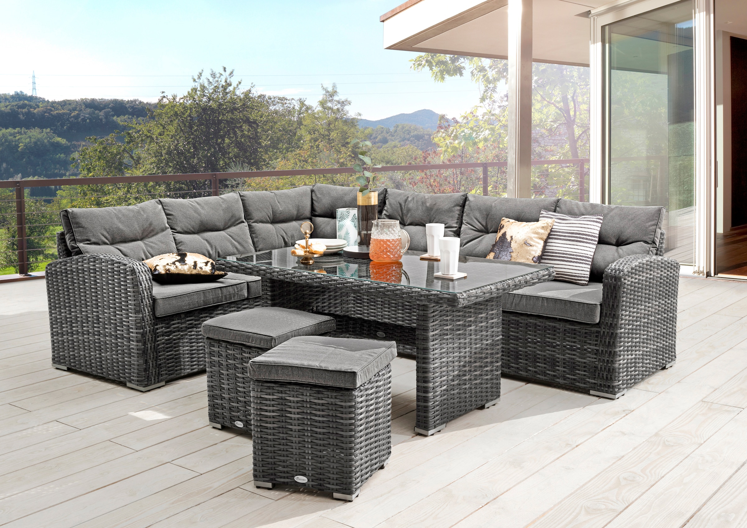 Destiny Gartenlounge-Set »SANTA PONSA«, (20 tlg., 2x Schenkel, 2x Hocker, 1x Tisch, inkl. Auflagen), Aluminium, Polyrattan