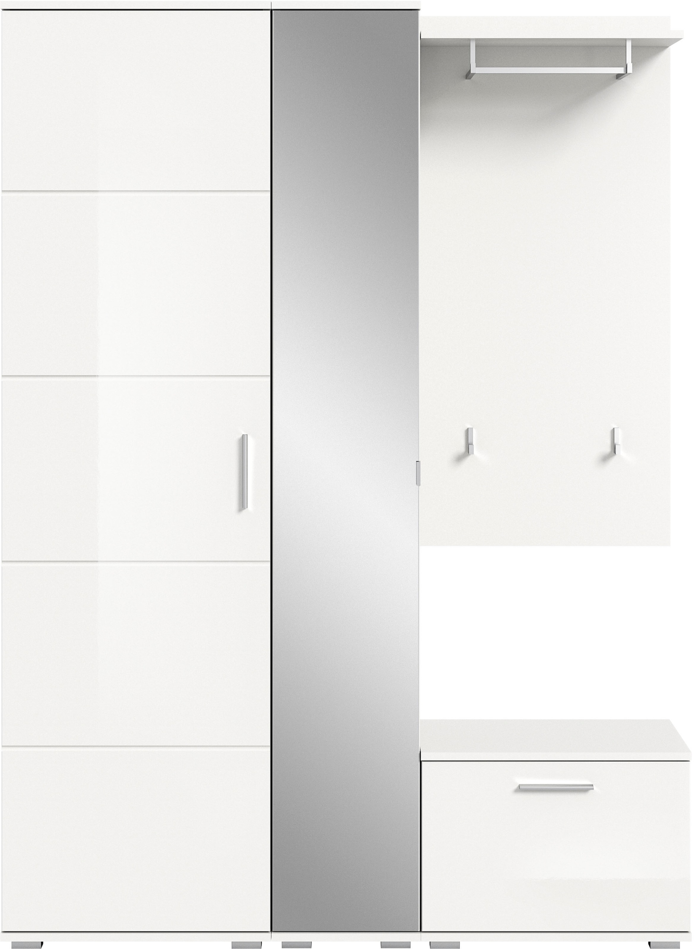 INOSIGN Garderoben-Set »Valge, Breite 140 cm, 4-teiliges Set, bestehend aus:«, (4 St.), Garderobenschrank, Spiegelschrank, Sitzbank und Garderobenpaneel