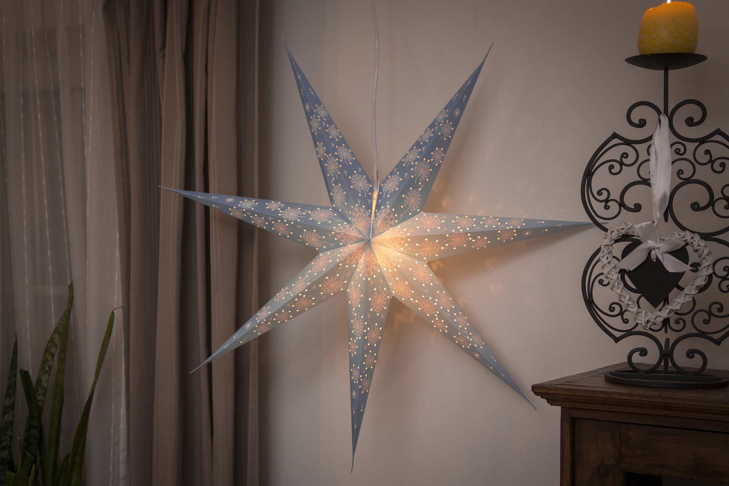 KONSTSMIDE Dekostern, (1 St.), blauer Papierstern, beleuchtet, 7 Zacken
