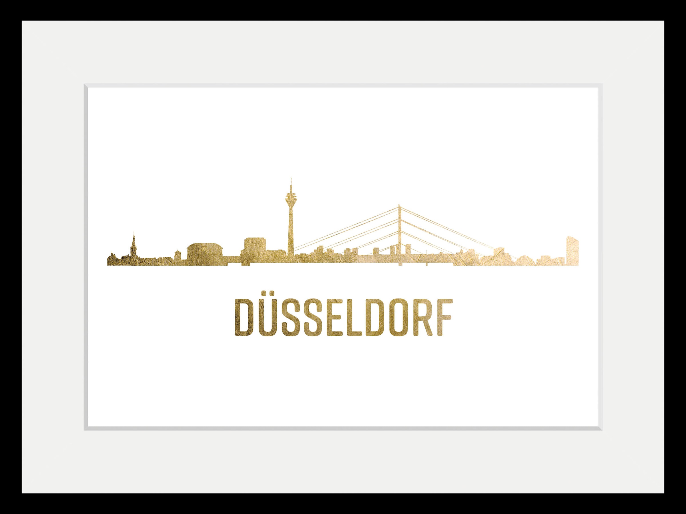 queence Bild »Düsseldorf Skyline GOLD«, Städte-Stadt-Deutschland-Kirche-Gebäude-Schriftzug-Düsseldorf, (1 St.), HD Premium Poster-Druck inkl. Holzrahmen