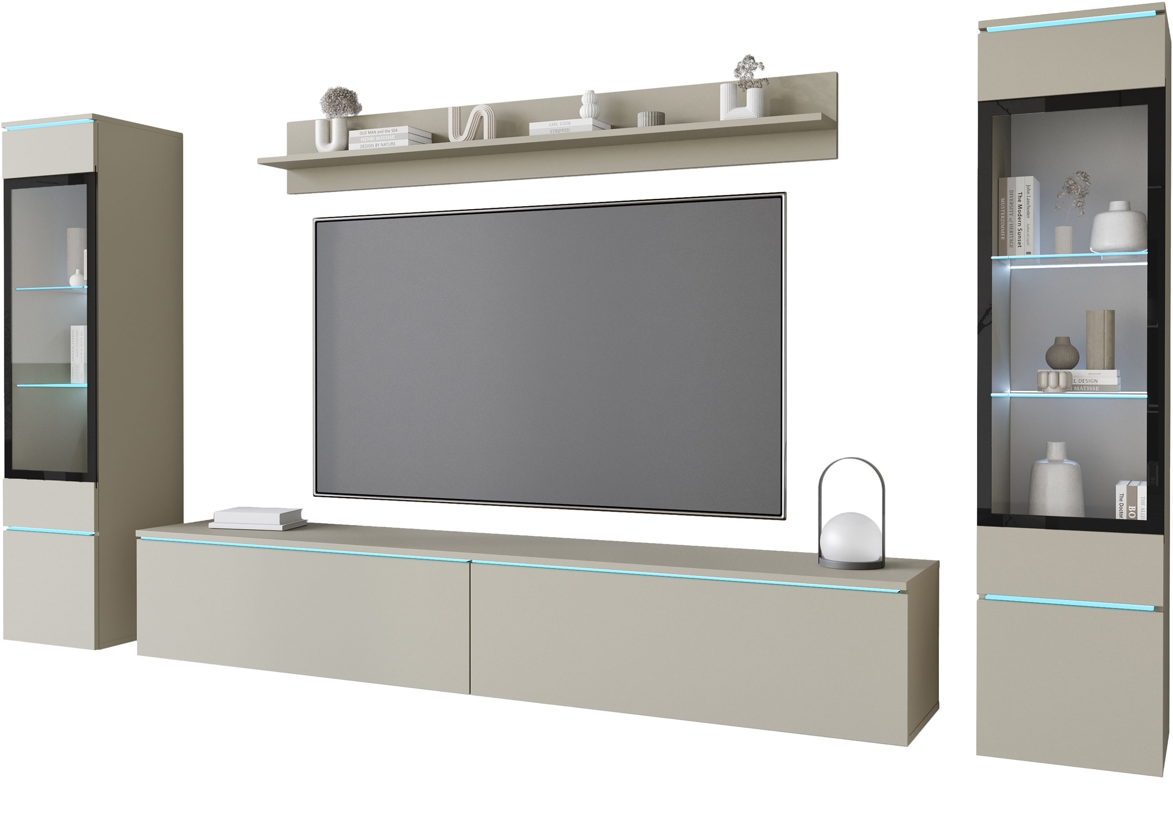 INOSIGN Wohnwand »VERA II, Vitrinen Türanschlag wechselbar«, (Komplett-Set, 4 St.), Mediawand 260 cm, Vitrine mit Verglasung, stehend und hängend