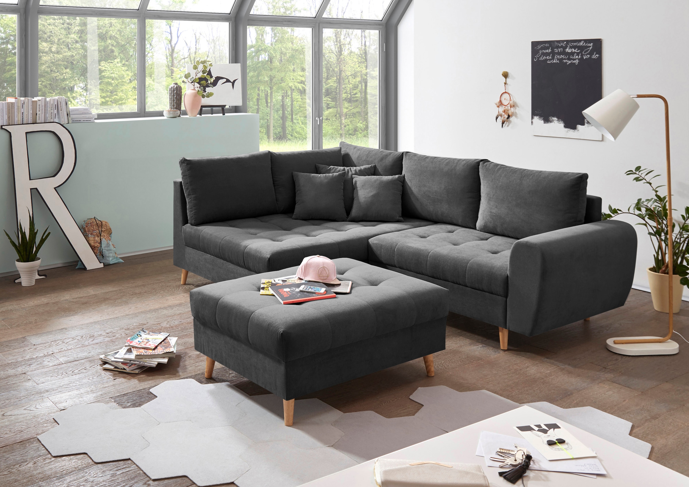 ED EXCITING DESIGN Ecksofa »Alice L-Form« mit Hocker & 3 Zierkissen günstig online kaufen