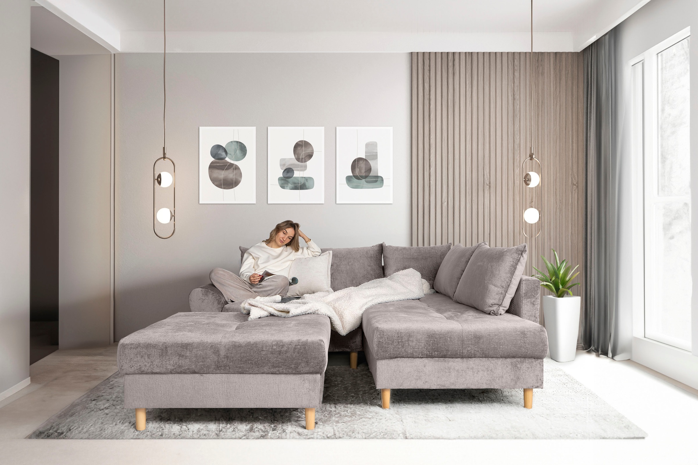 COLLECTION AB Ecksofa »Reims L-Form«, Ottomane beidseitig montierbar, inkl. Bettfunktion und Hocker