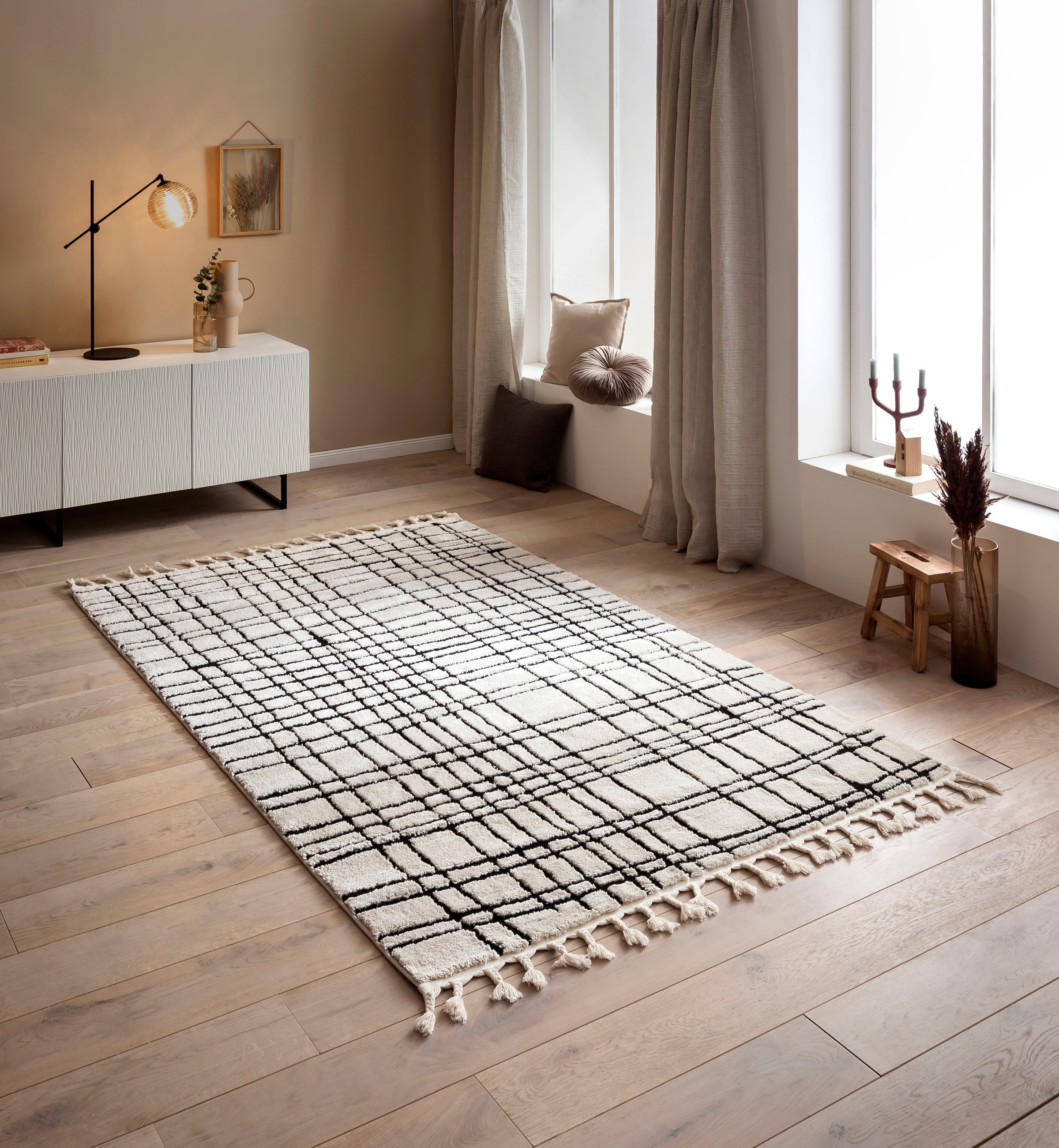 done.® Teppich »RIVER«, rechteckig, 10 mm Höhe, modernes Scandi Design, kariert, Hoch-Tief Effekt, mit Fransen