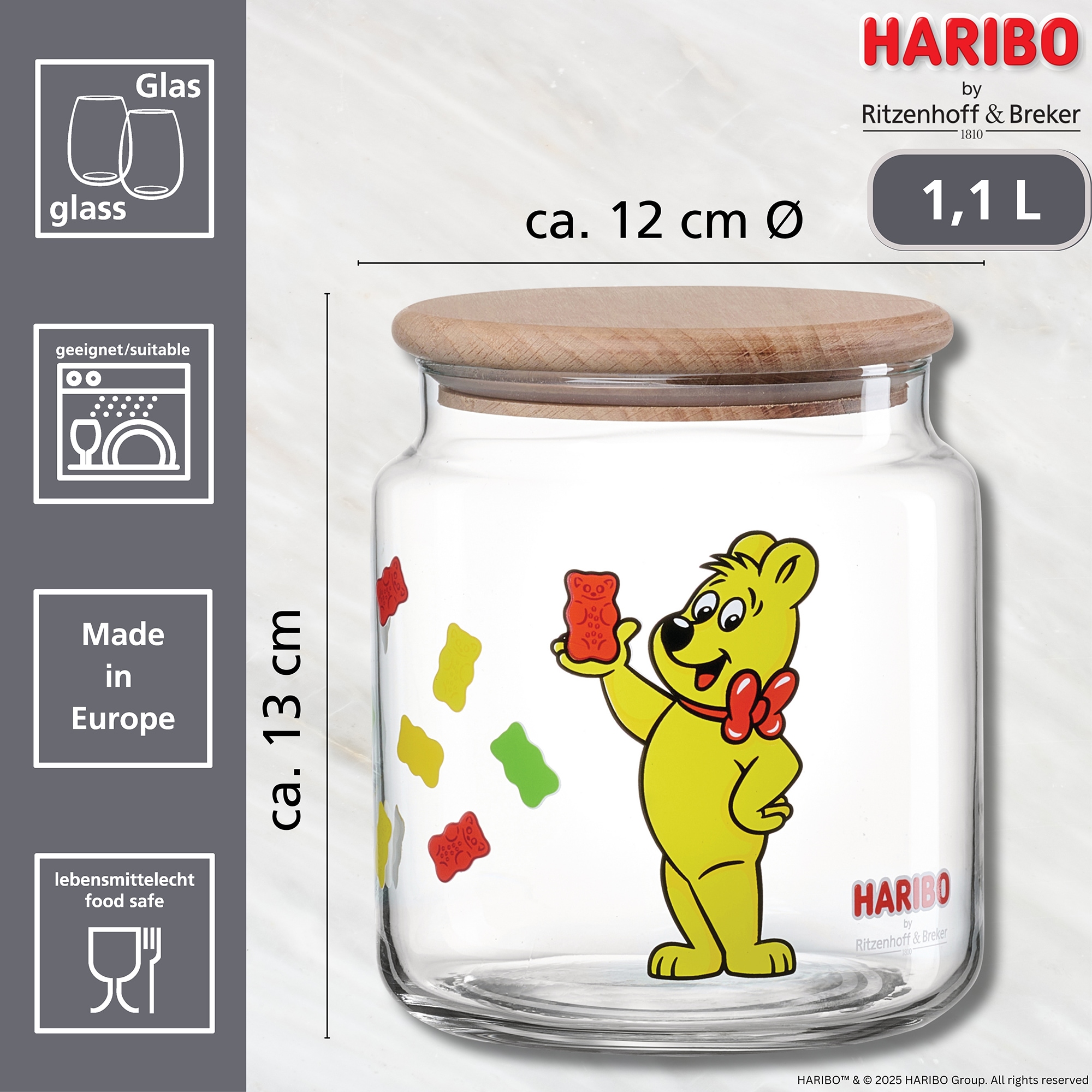 Ritzenhoff & Breker Vorratsglas »HARIBO Allover, 1,1 Liter«, (1 tlg.), Maße: 12 x 12 x 13 cm