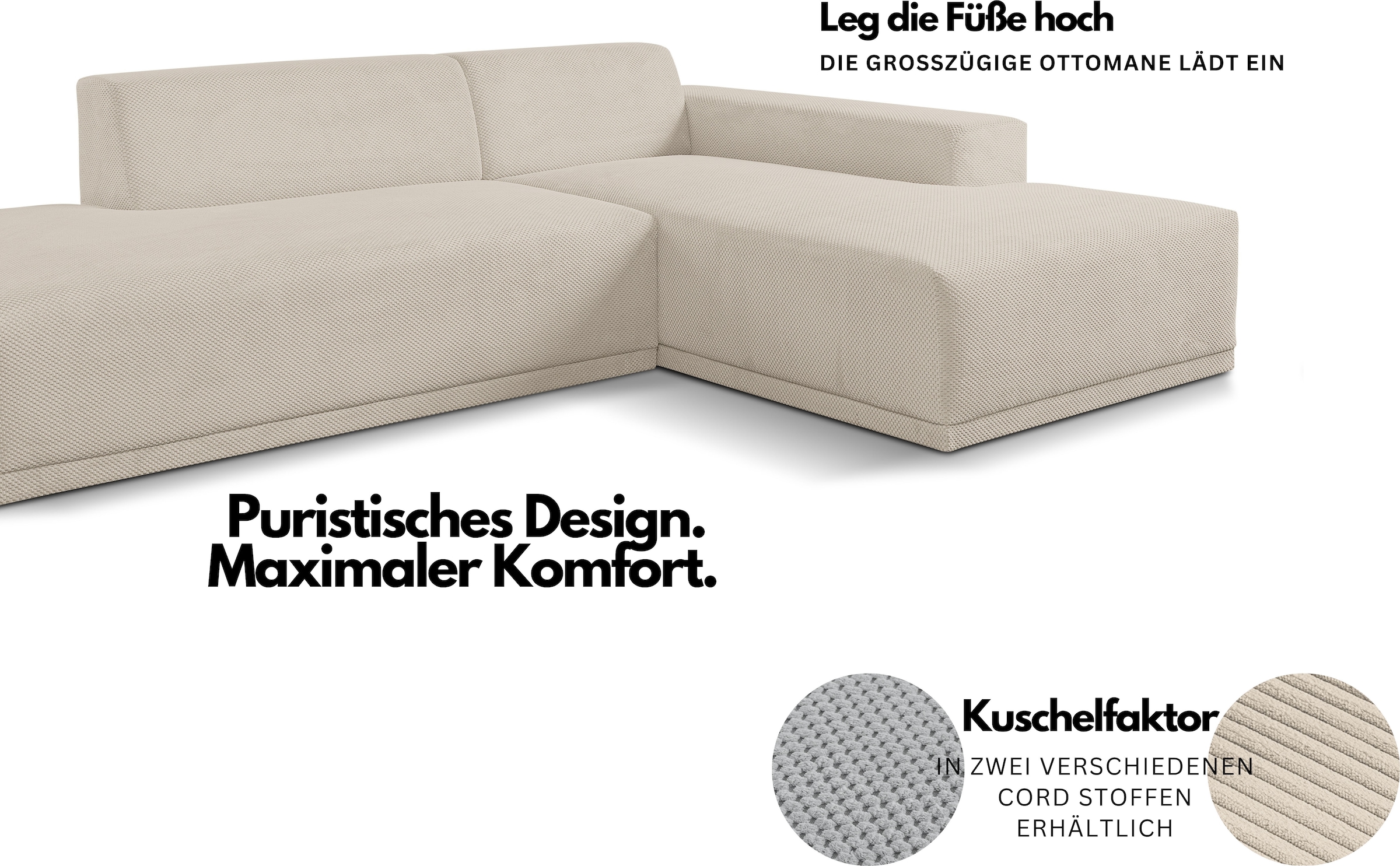 WERK2 Ecksofa »Apollo 264 x 188 cm, bequem, Japandi Design, Cord, viel Platz« Cord, L-Form