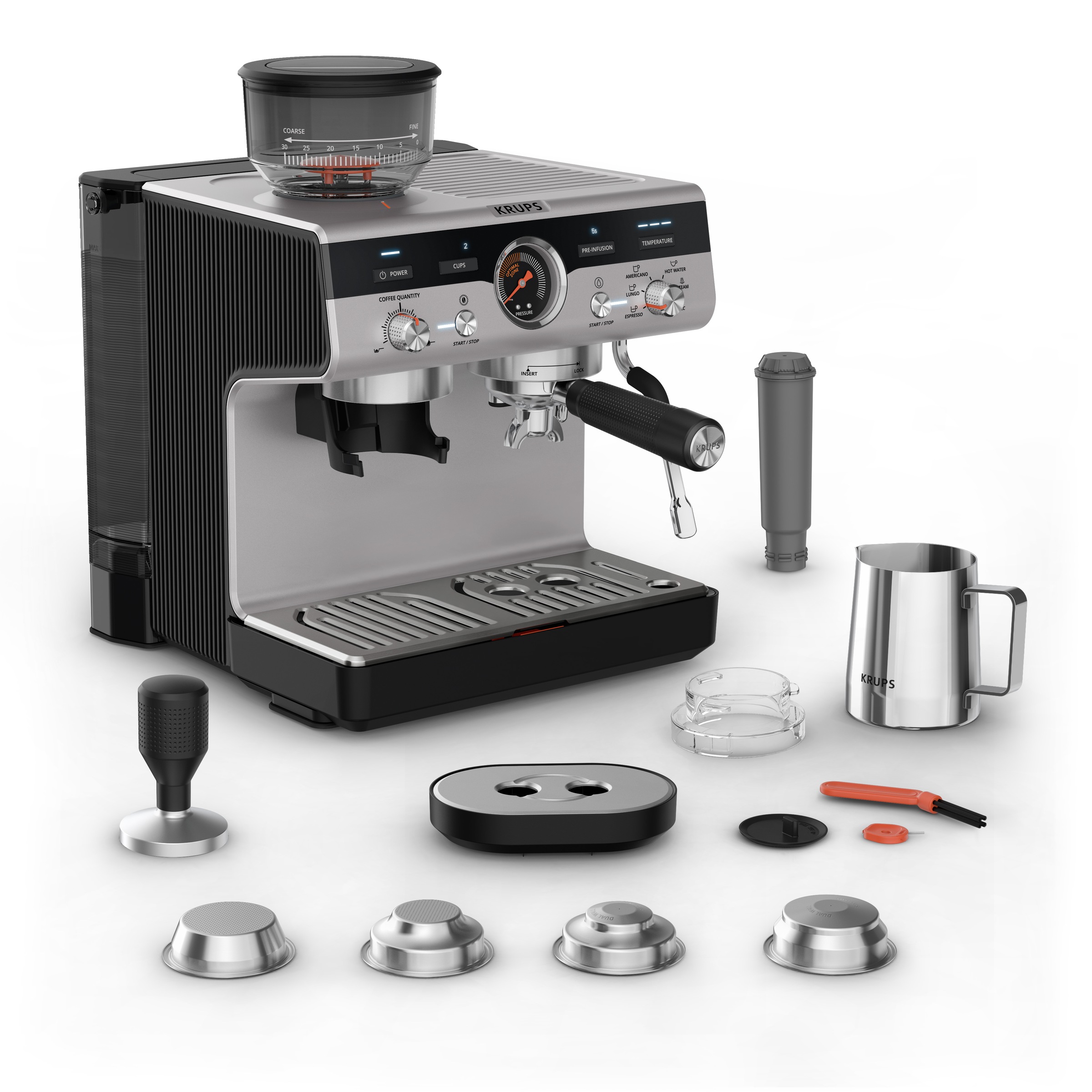 Krups Siebträgermaschine »XP801T Precision«, mit Mahlwerk, intuitive Bedienfläche, Pre-Infusion-Einstellungen