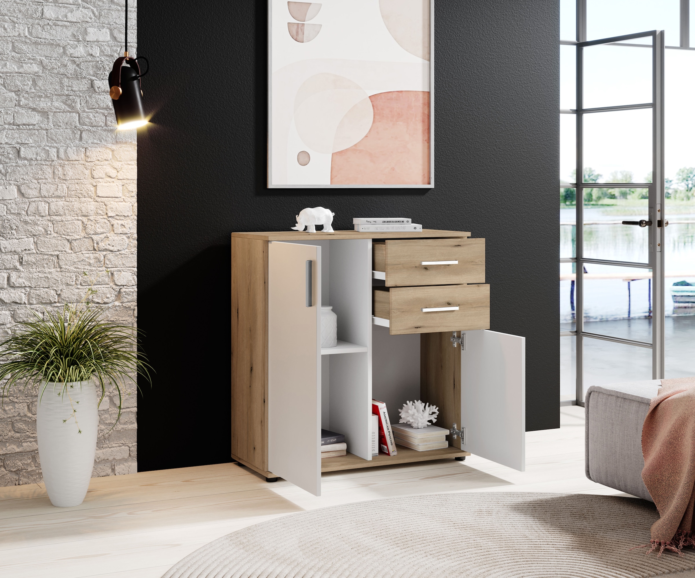 HBZ Kommode »BC-Drift-2, Universalschrank Stellmaß BxHxT 80x84x35 cm«, (1 St.), Kommode mit 2 Türen, 2 Schubkästen, 1 Einlegeboden