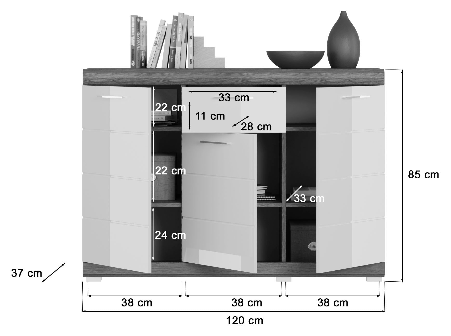 INOSIGN Kommode »Siena, Breite 120 cm, 3 Türen, 1 Schubkasten, 5 Einlegeböden, 8 Fächer«, Schuhkommode, Schuhschrank, Anrichte, Schrank, Sideboard