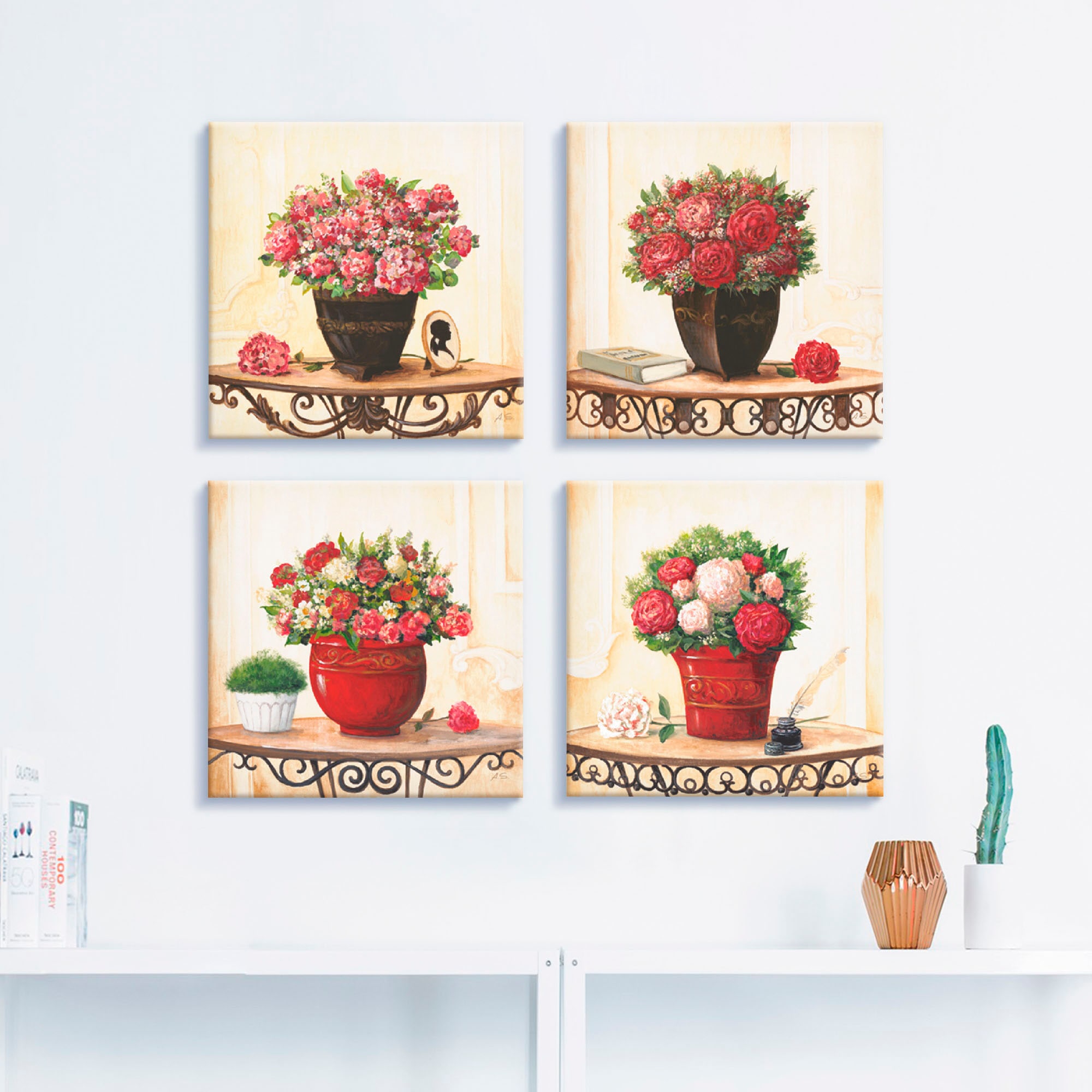 Artland Leinwandbild »Hortensien Nelken Rosen Pfingstrosen«, Blumen, (4 St.), 4er Set, verschiedene Größen