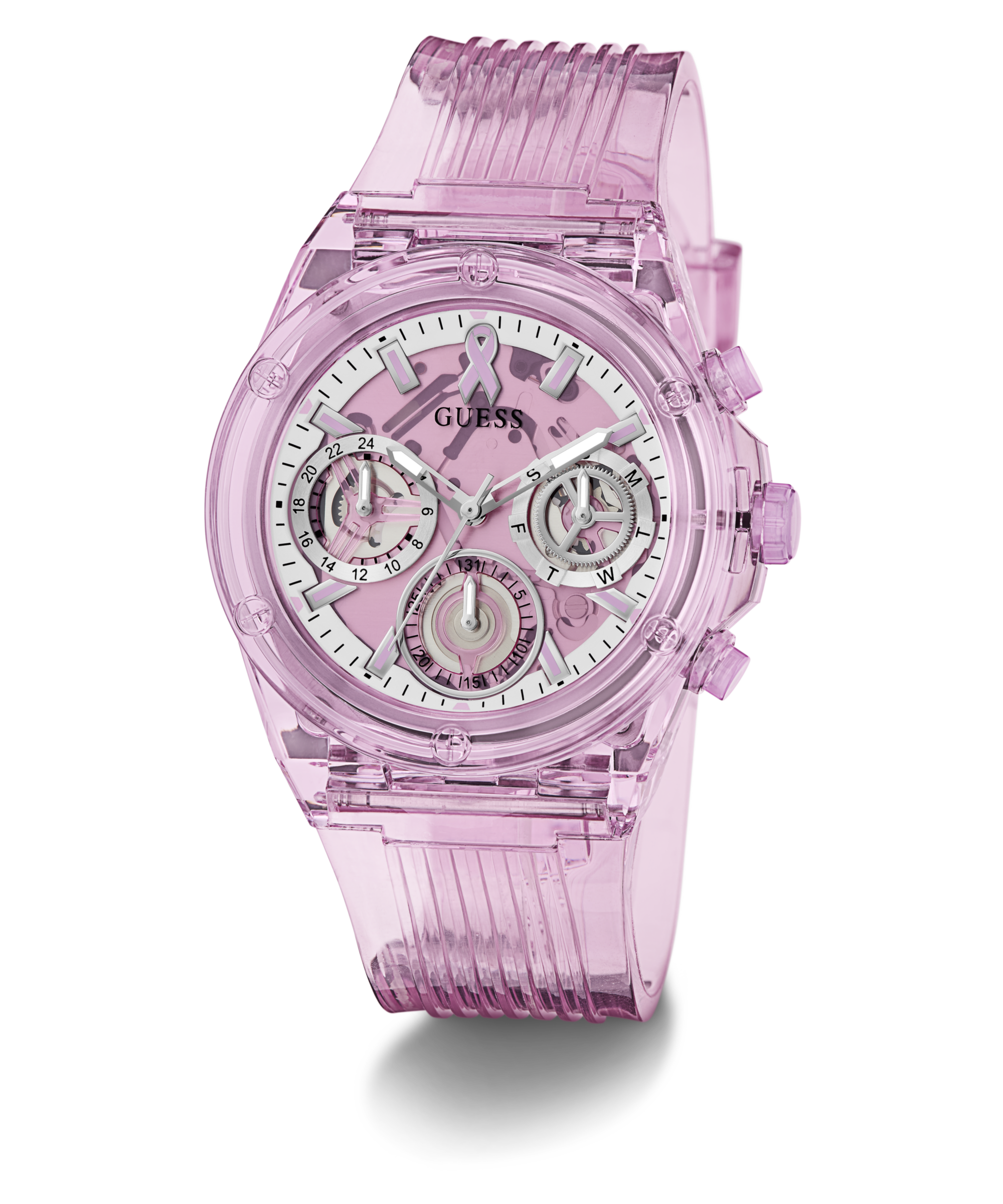 Guess Multifunktionsuhr »SPARKLING PINK« Quarzuhr, Armbanduhr, Damenuhr, Silikonarmband, analog, Tag, Wochentag