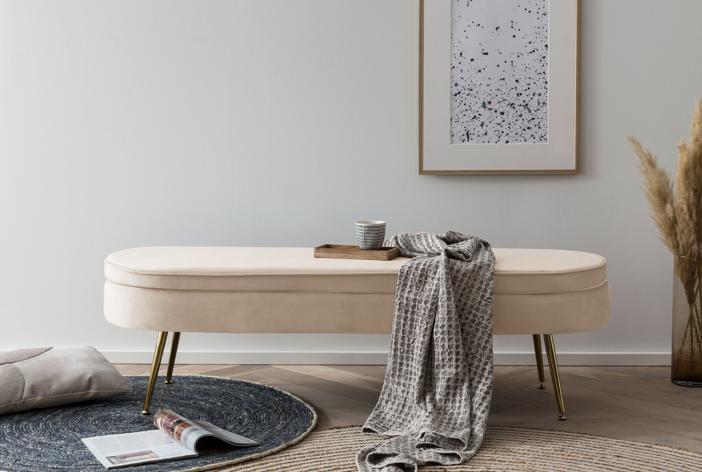 SalesFever Polsterbank »Clam«, Breite 142 cm, goldfarbene Metallbeine