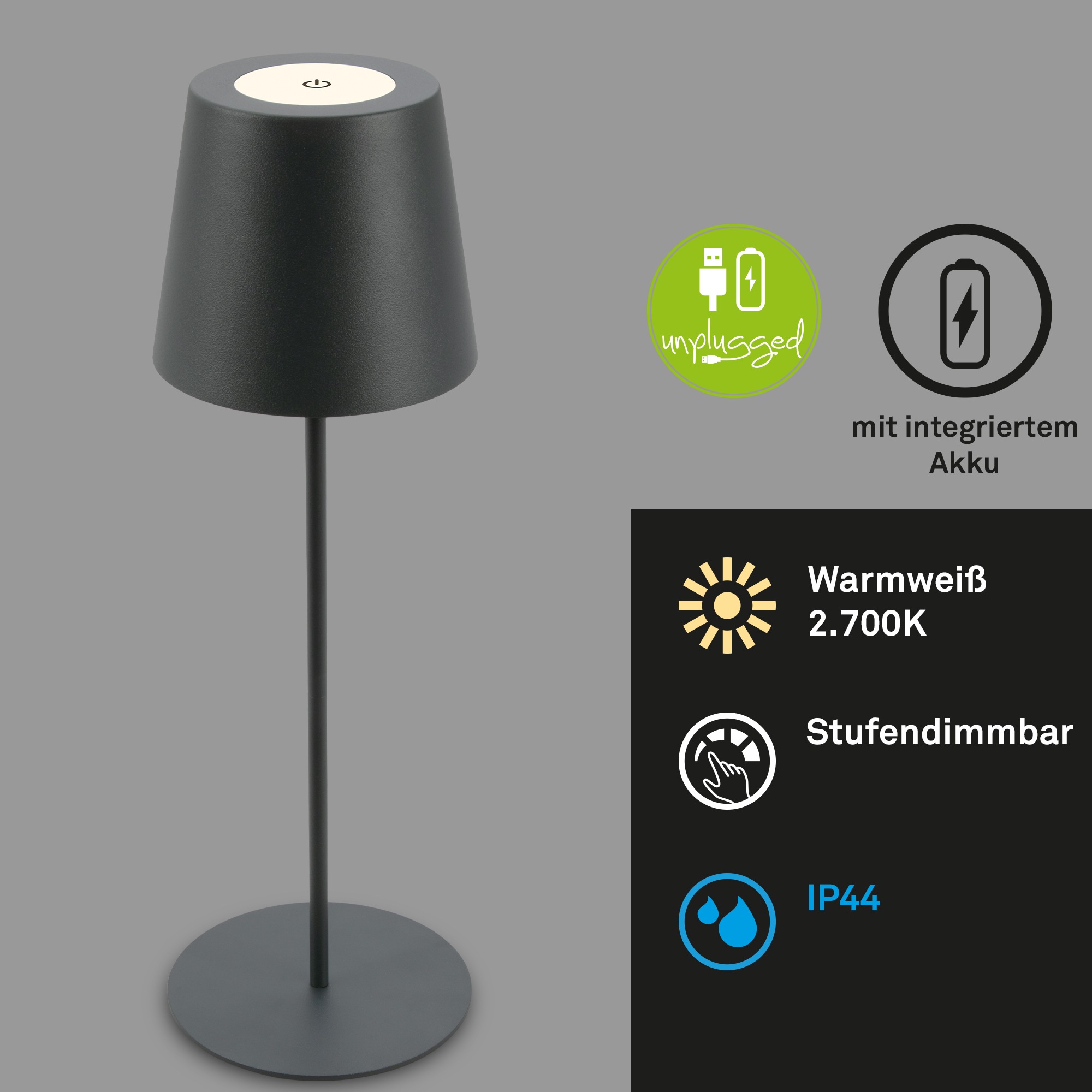 Briloner Leuchten Tischleuchte »2er Set LED Tischlampe kabellos, anthrazit«, 2er Set LED Tischlampe kabellos 36x10,5 cm Anthrazit