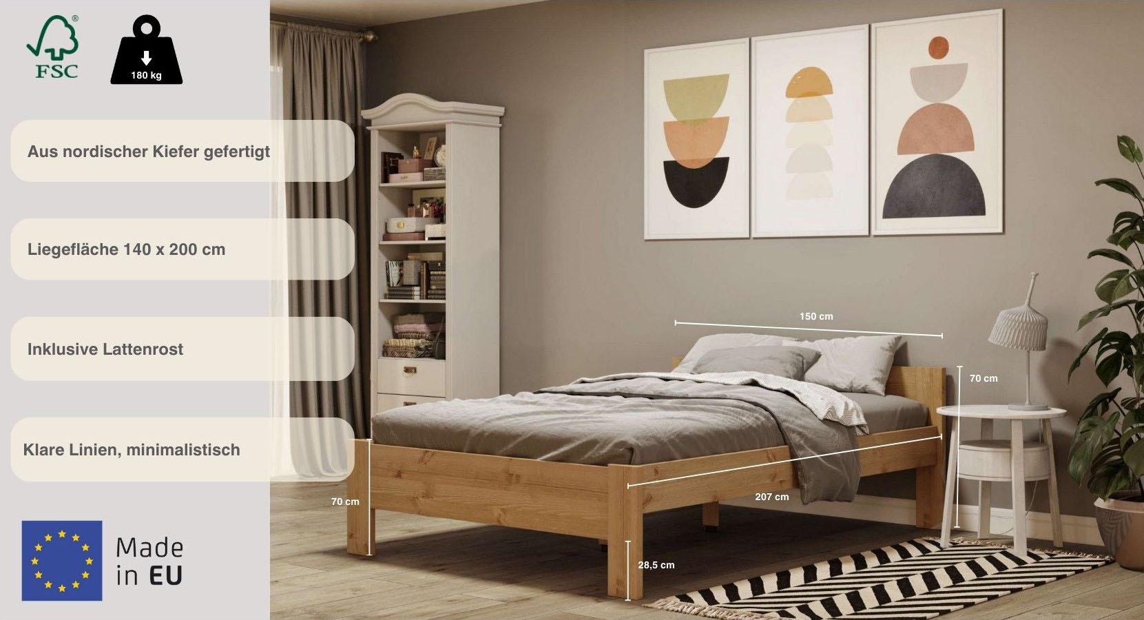 Home affaire Massivholzbett »Hero, hohe Belastbarkeit, FSC®-zertifizierte Kiefer«, (Breite/Belastbarkeit 140cm/180 KG, 90cm/=120 KG), aus massiver Kiefer, inklusive Lattenrost, zeitloses Design